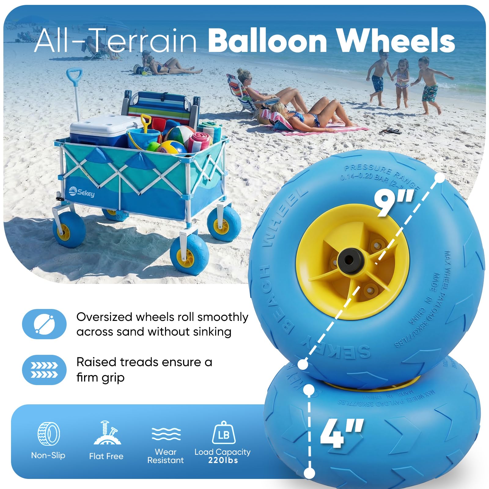 Sekey Heavy Duty Beach Wagon with 9" Big Sand-Proof Wheels – 600lb Capacity, 200L Oversized Foldable Cart | Adjustable Handle & All-Terrain Tires for Sand, Camping, Groceries - 2