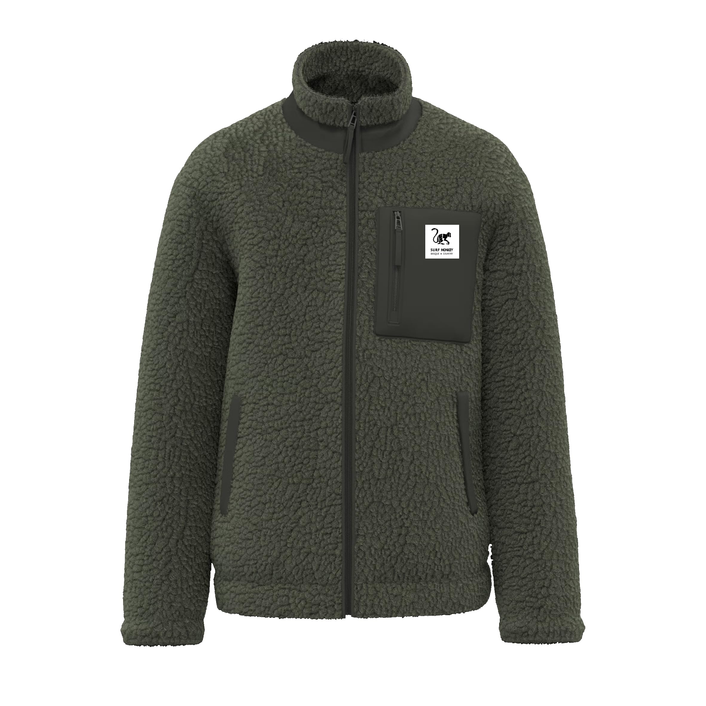 Surf Monkey Sherpa-Fleecejacke mit Reißverschluss, Brusttasche, langärmelig, klassische Passform, recycelt