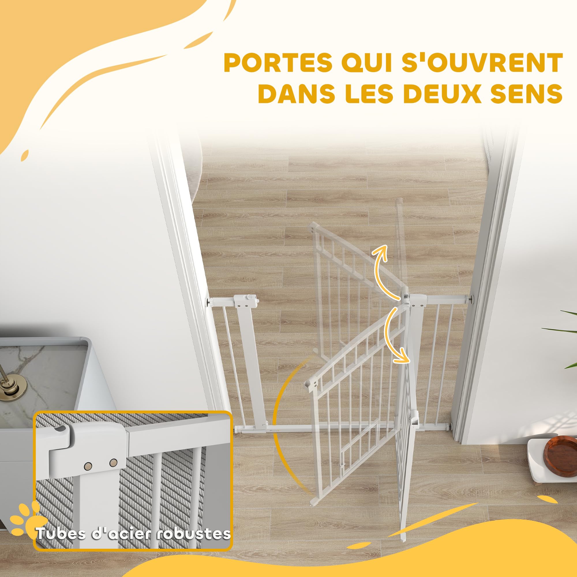 PawHut Barrière de sécurite Chien Extensible 76-104 x 106 cm, barrière d'escalier et de Portes avec système de Double Verrouillage, Montage par Pression ou perçage, barrière de Chien et Chat, Blanc