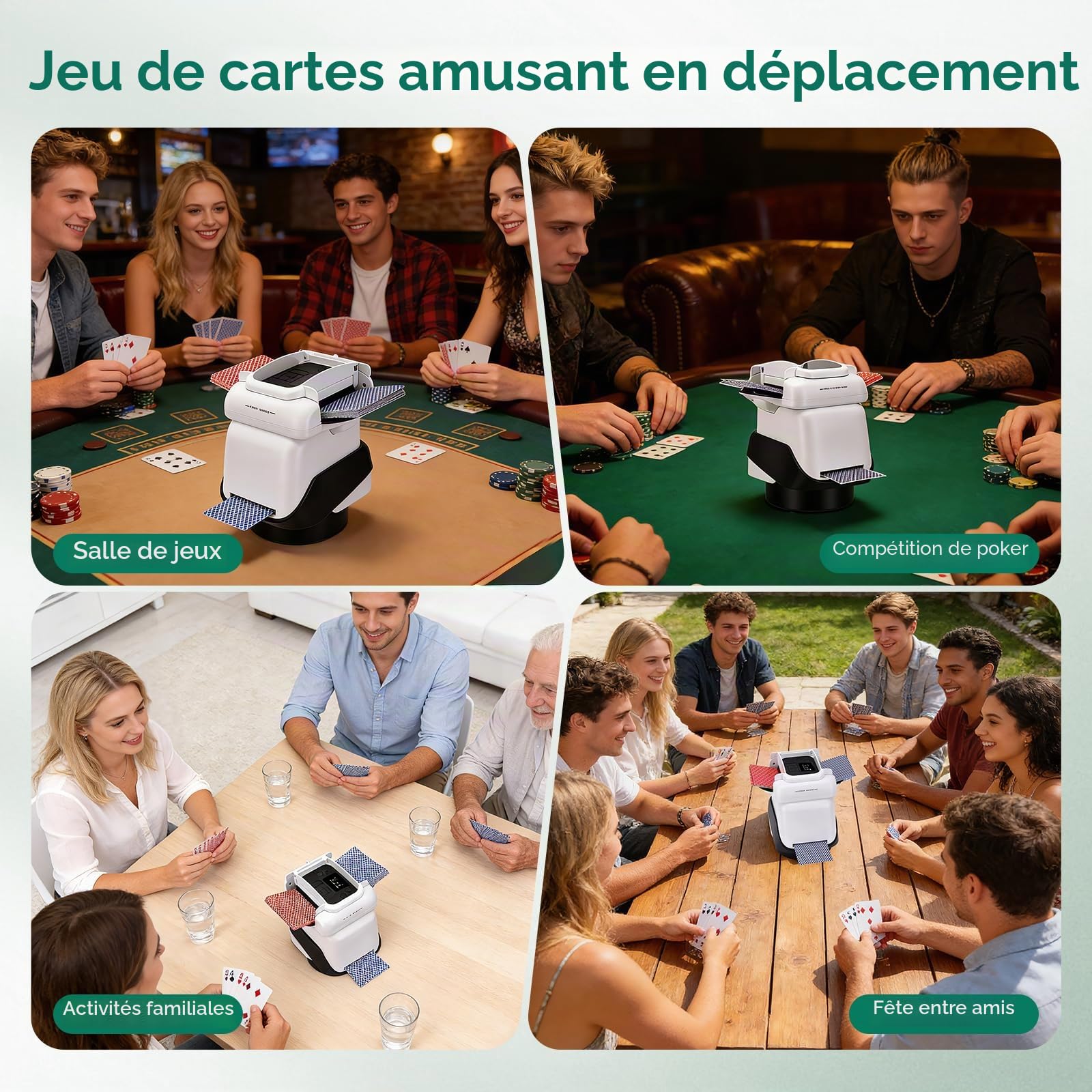 Mélangeur de cartes avec distribution, rotation à 360° pour 1 à 4 jeux, mélangeur et distributeur automatique de cartes Pour 2 à 8 joueurs, avec 4 télécommandes, rechargeable, silencieux pour le poker