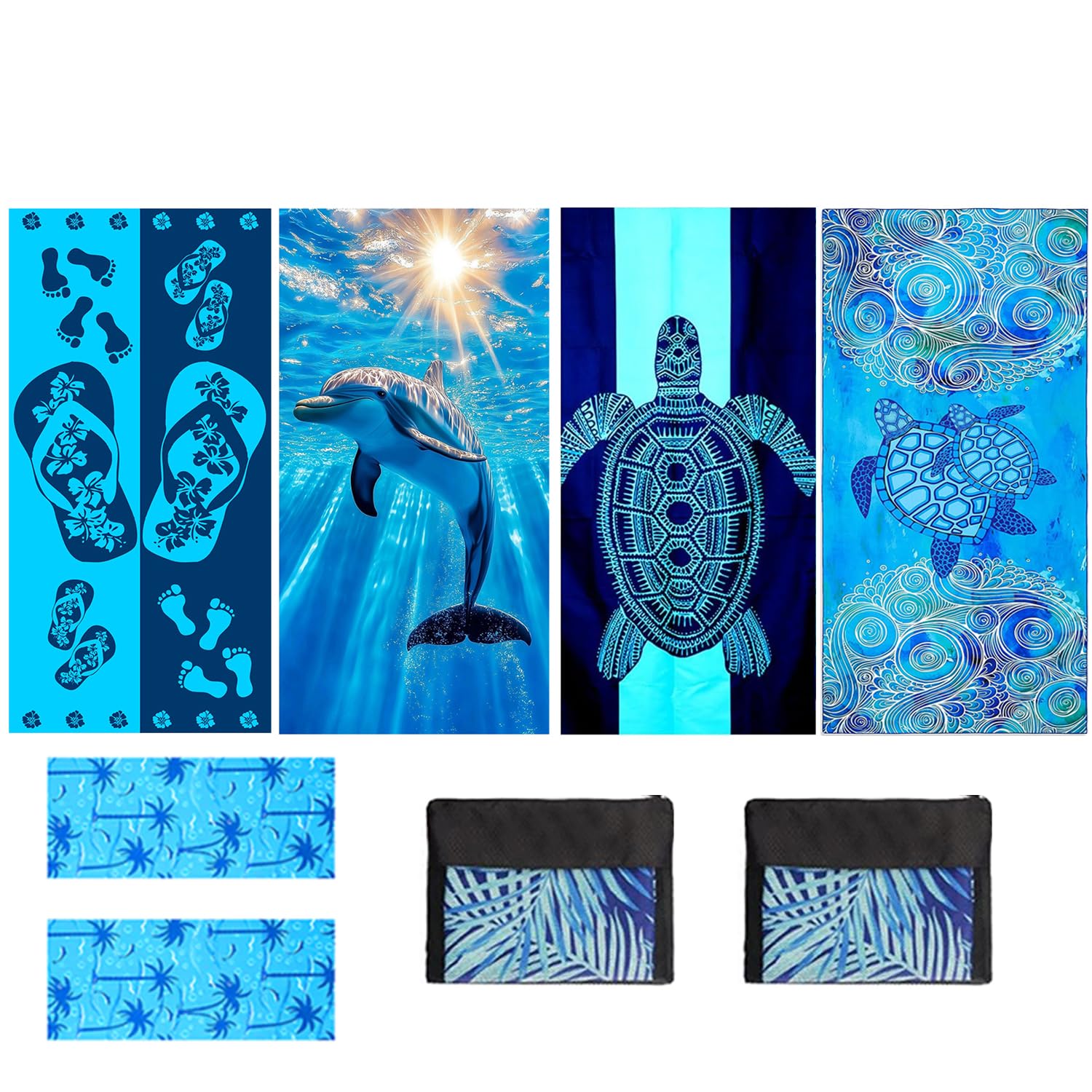 Lot de 4 serviettes de plage en microfibre à séchage rapide, légères, anti-sable, extra larges, fines pour adultes, femmes, accessoires de bain, tapis de bain, accessoires indispensables pour les