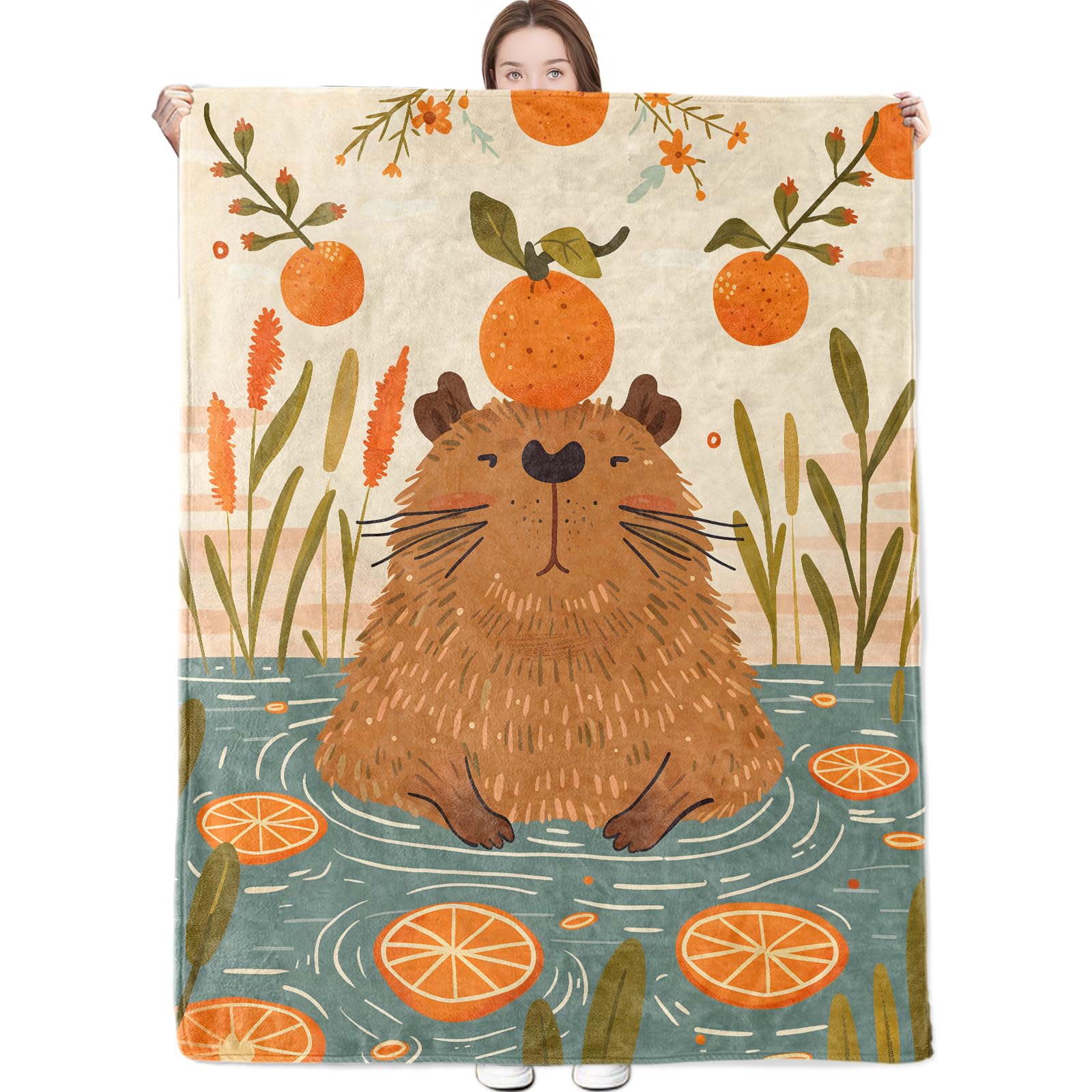 dongprom Capybara Blanket Playful Animal and Cute Orange Fruit Throw Blankets Lightweight Flannel Throws for Camping Couch Chair Office Bed Home Decor