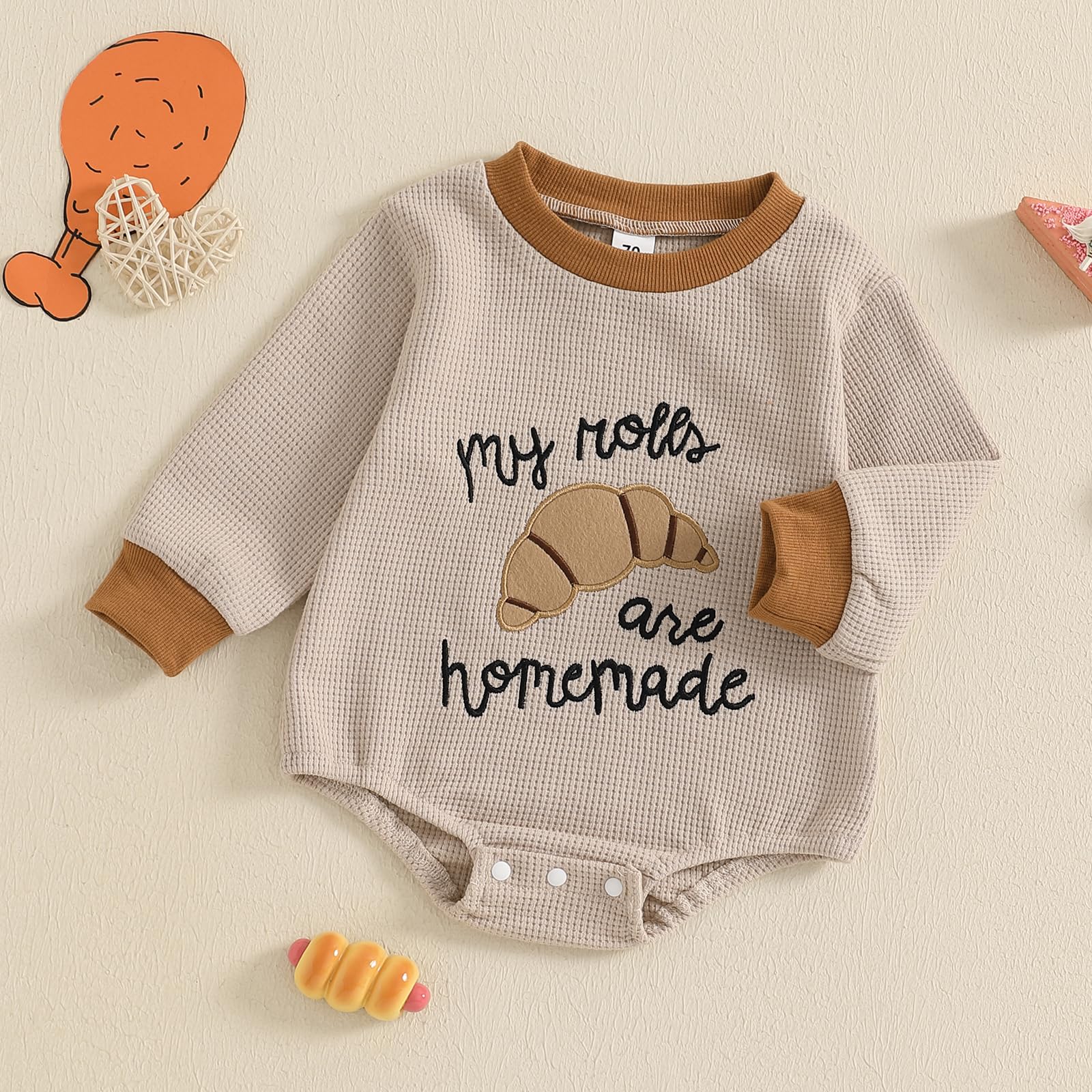Honganda Baby Boy Girl Thanksgiving Outfit My Rolls are Handmade Turkey Romper Sweatshirt Onesie Fall One Piece Clothes (Khaki Brown, 0-3 Months)