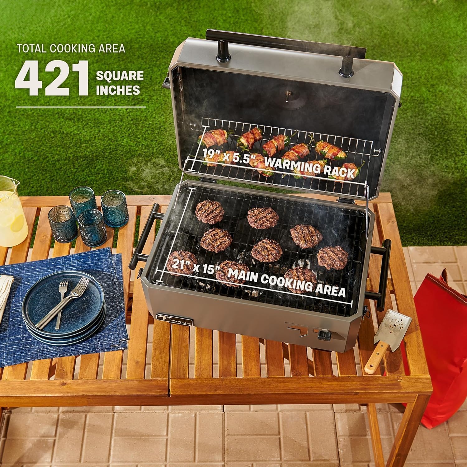 TYTUS Tabletop Charcoal Grill and Cover, 421 Sq. In Cooking Area between Main & Warming Rack, Porcelain Steel Grates, External Temp Gauge, Portable & Compatible with Prep Cart