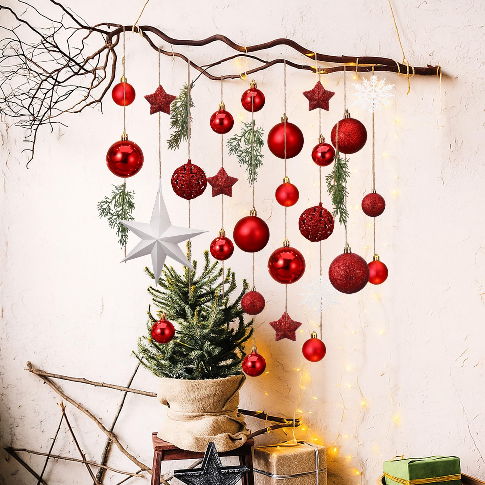 Halloscume Décoration murale de Noël à suspendre avec branche en bois clair - Décoration murale de Noël avec plantes artificielles - Décoration de cuisine et de salle à manger - Rouge