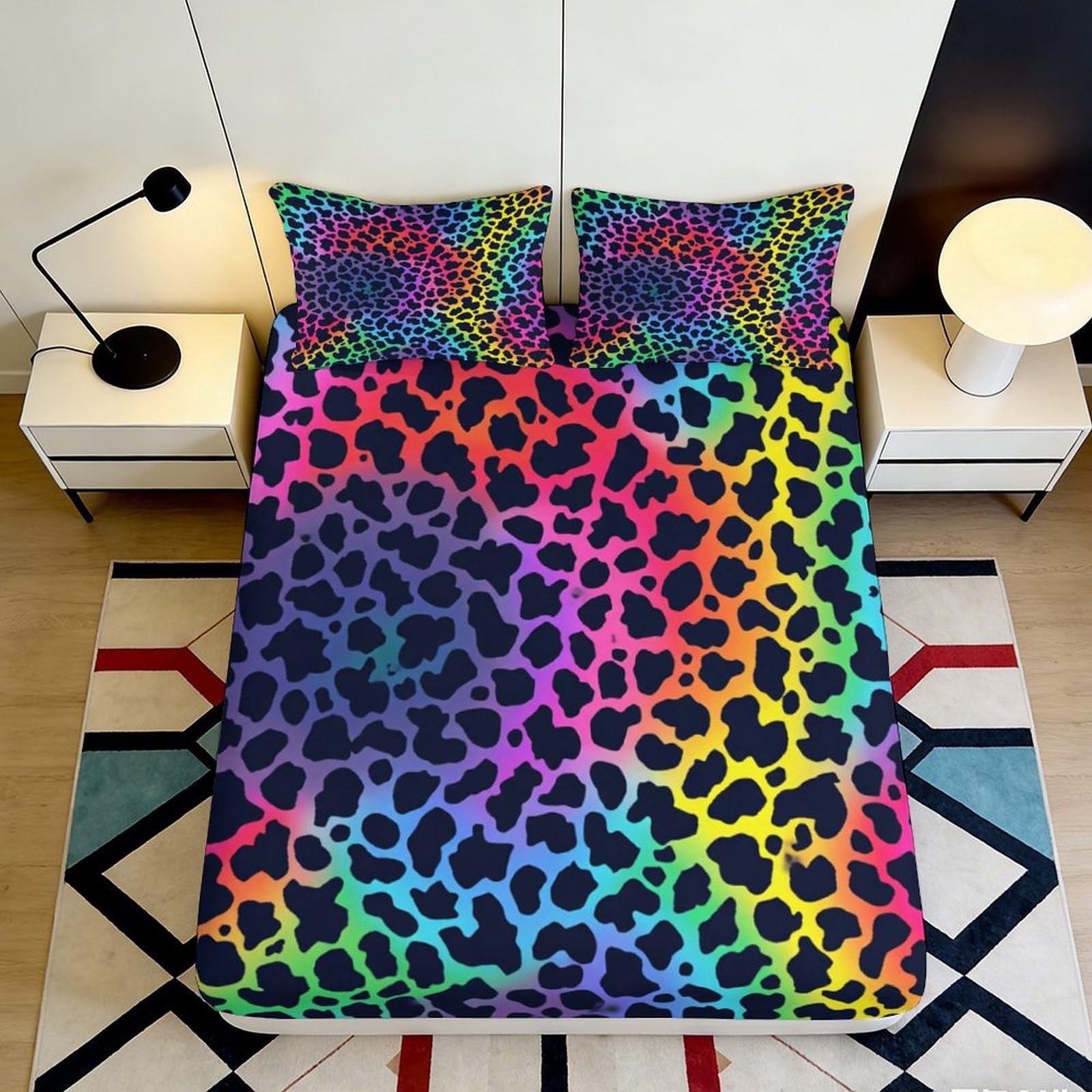 3D Printed Rainbow Leopard Fitted Sheet Microfiber Vibrant Animal Pattern Mattress Cover for Bedroom Guest Room 90x200x25cm