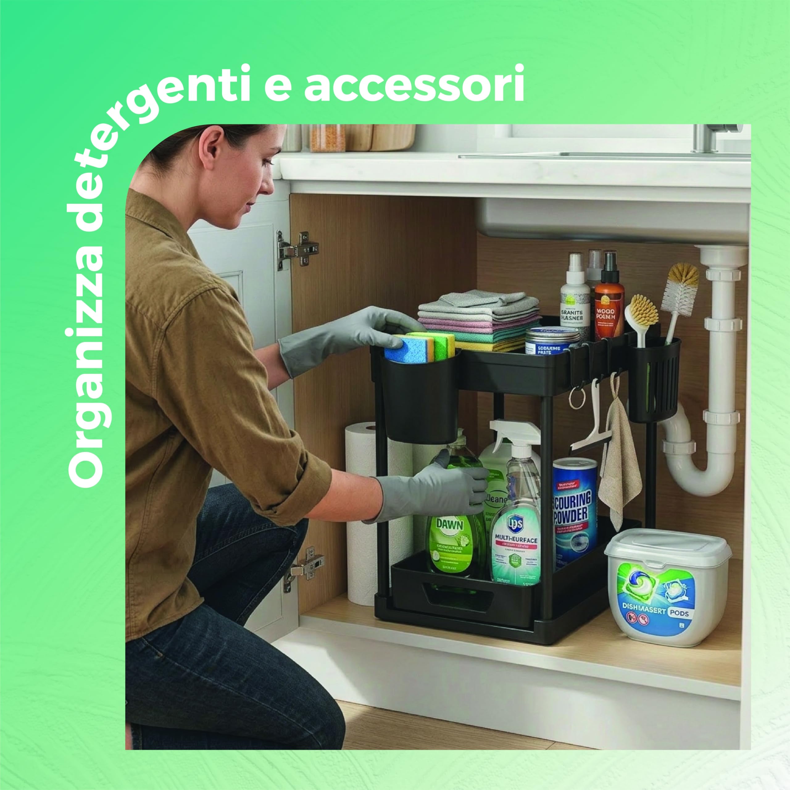 Generico Organizer Sottolavello Cucina a 2 Ripiani con Cestelli e Ganci – Porta Detergenti e Accessori Salvaspazio per Bagno e Cucina – Struttura Stabile, Facile da Montare