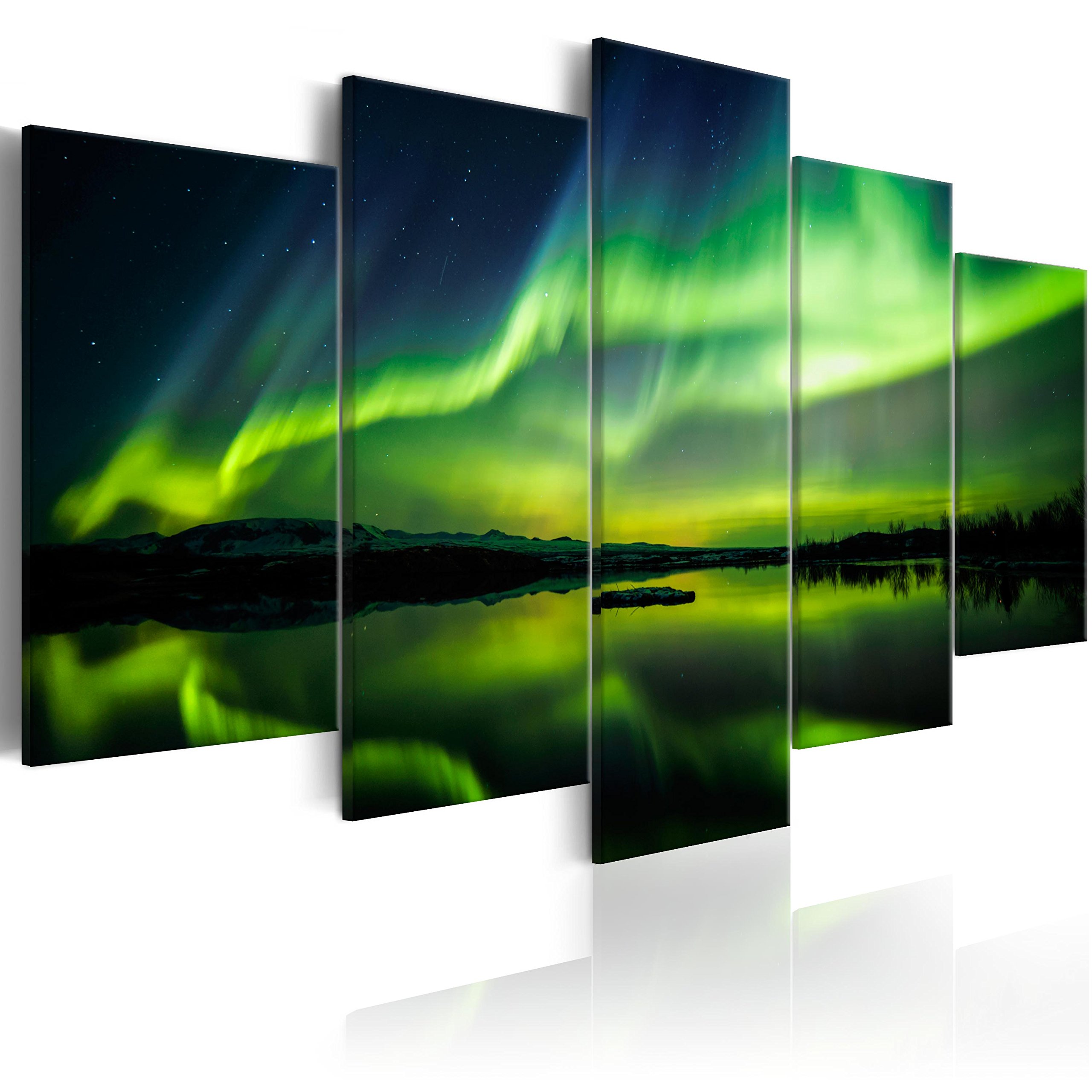 murando - Leinwandbild Nordlicht Island Nacht, 200x100 cm, 5-teilig, modern | Hochwertige Leinwand, sofort aufhängbar, ideal fürs Wohn- oder Schlafzimmer, wasserfest und lichtecht, langlebig, stilvoll