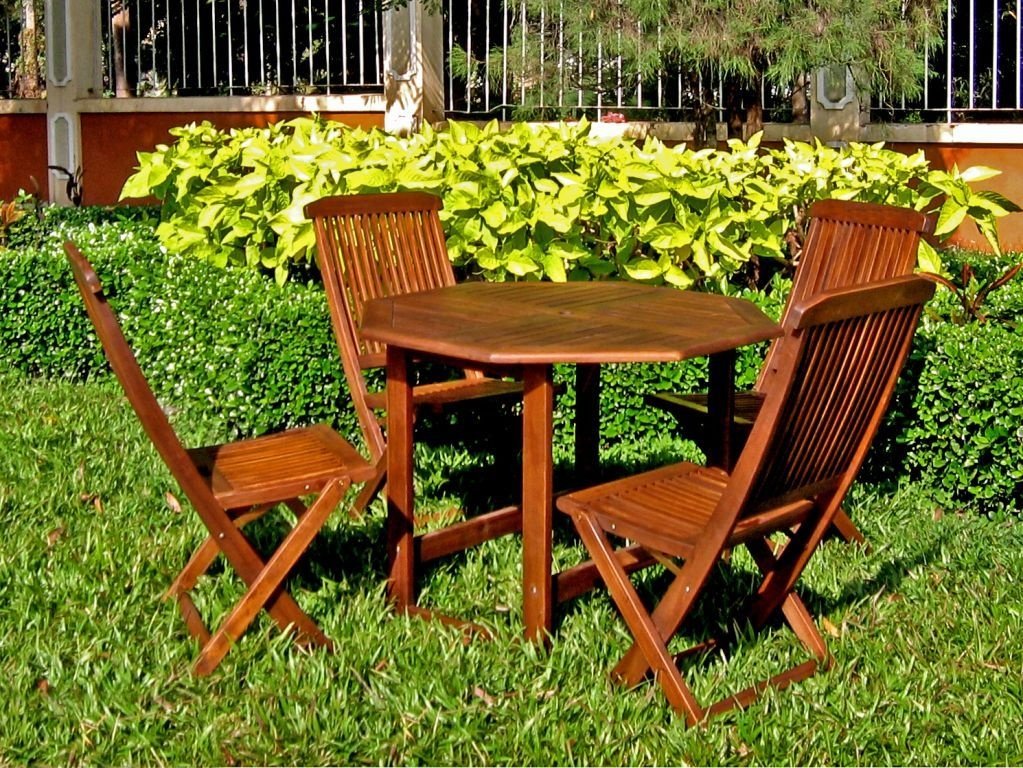 International Caravan Folding Acacia Wood Table W Folding Chairs