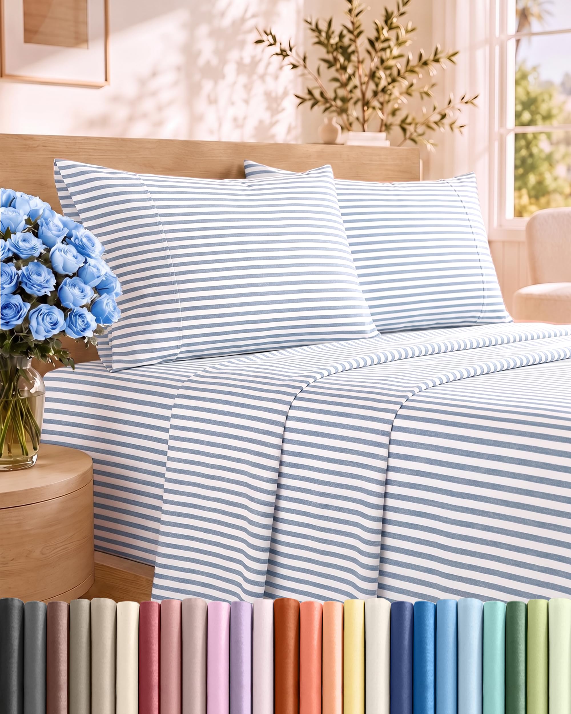 King Size 4 Piece Sheet Set - Breathable &amp; Cooling Sheets - Blue Stripes