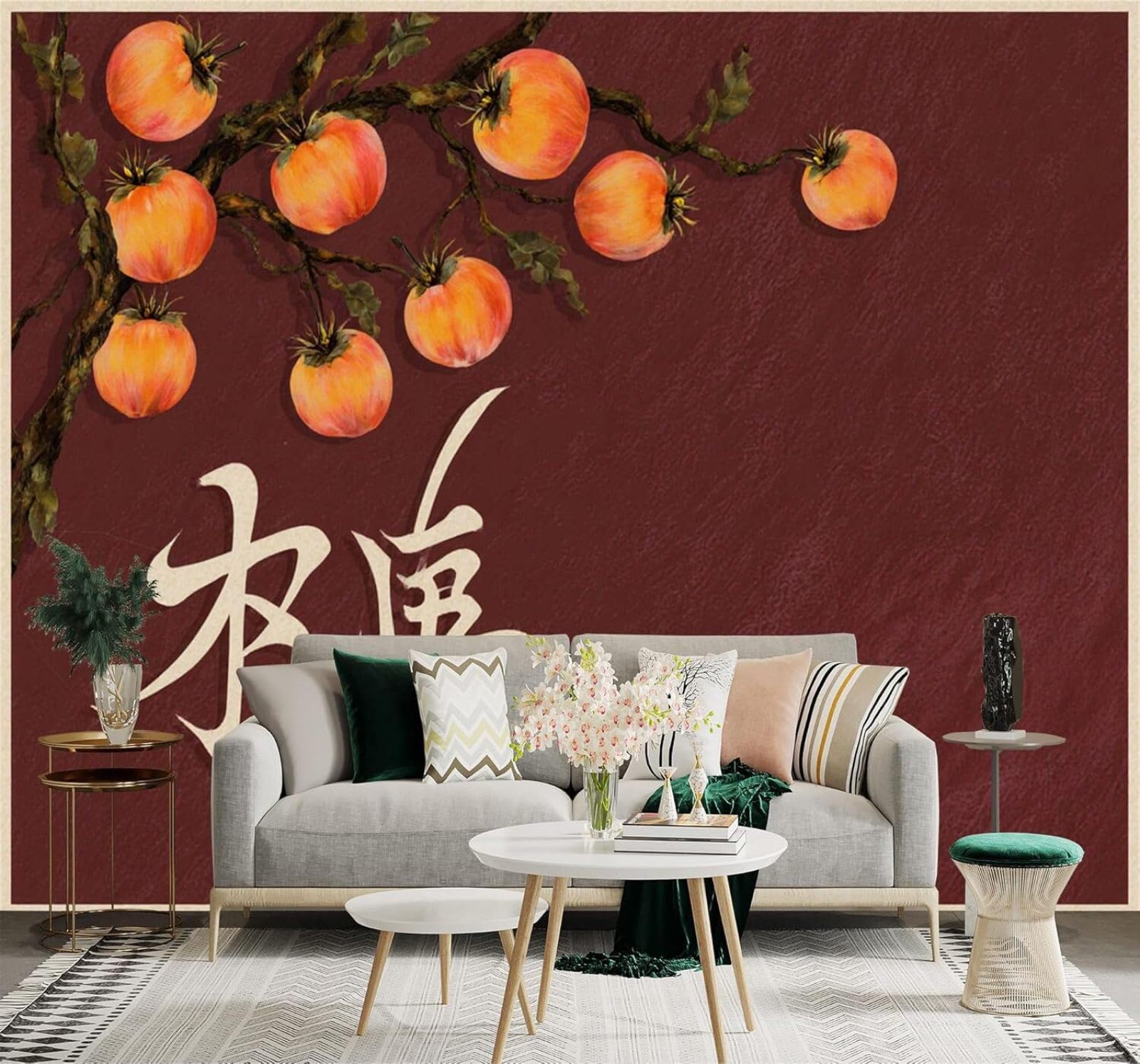 XLMING Hand Painted Ink Wash Persimmon Branches Calligraphy On A Red Background Art 3D Wallpaper Silky Texture Home Study Office Grey Dining Room Sofa Bedroom Living Room TV Backdrop-150cm×105cm