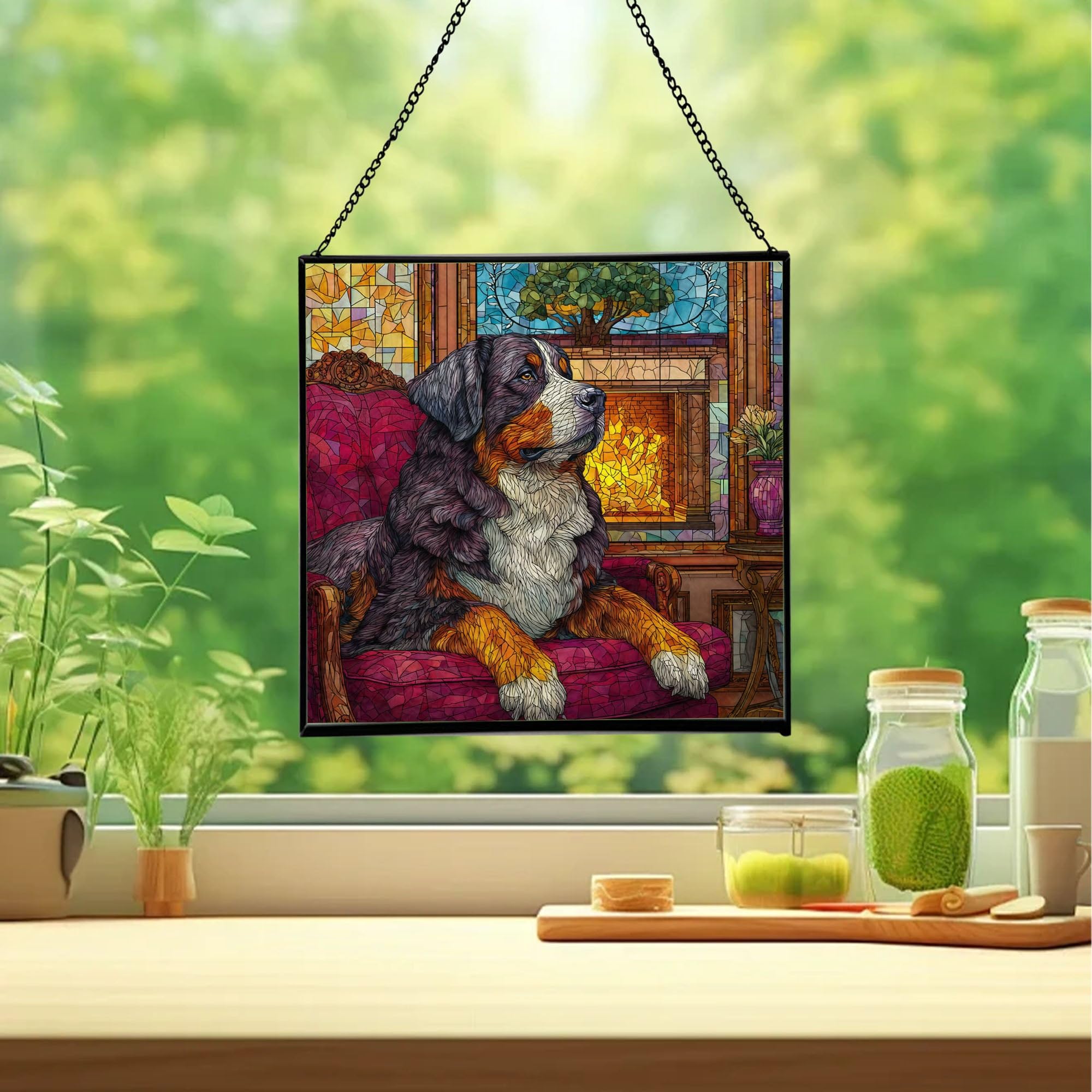 Bernese Mountain Dog Christmas Stained Glass Suncatcher – Square Hanging Holiday Window Panel with Cozy Fireplace Scene – Winter Glass Art Decoration Gift for Animal Lovers, Pet Owners qrGQpD