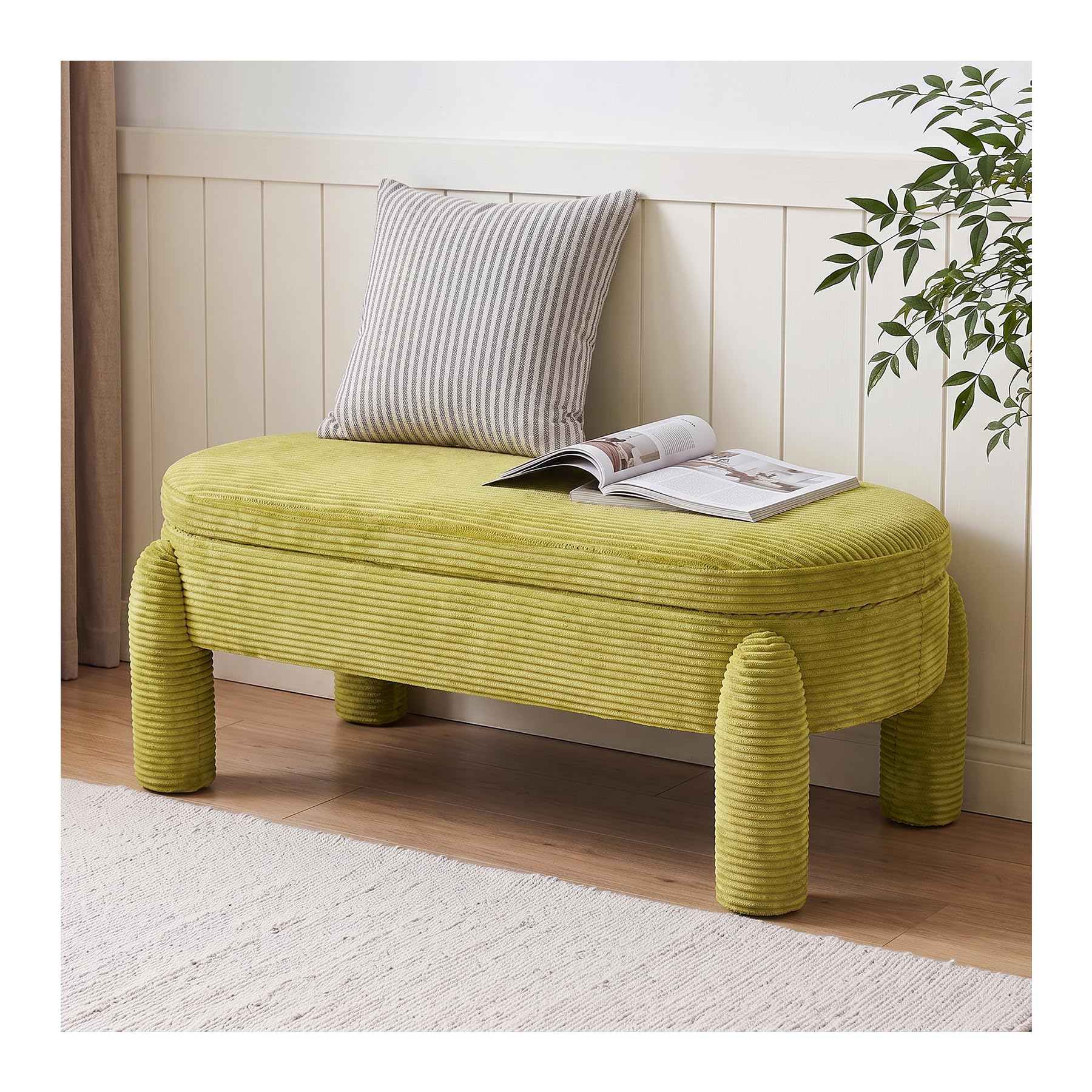 INMOZATA Corduroy Storage Ottoman,Oval Footstool with Storage