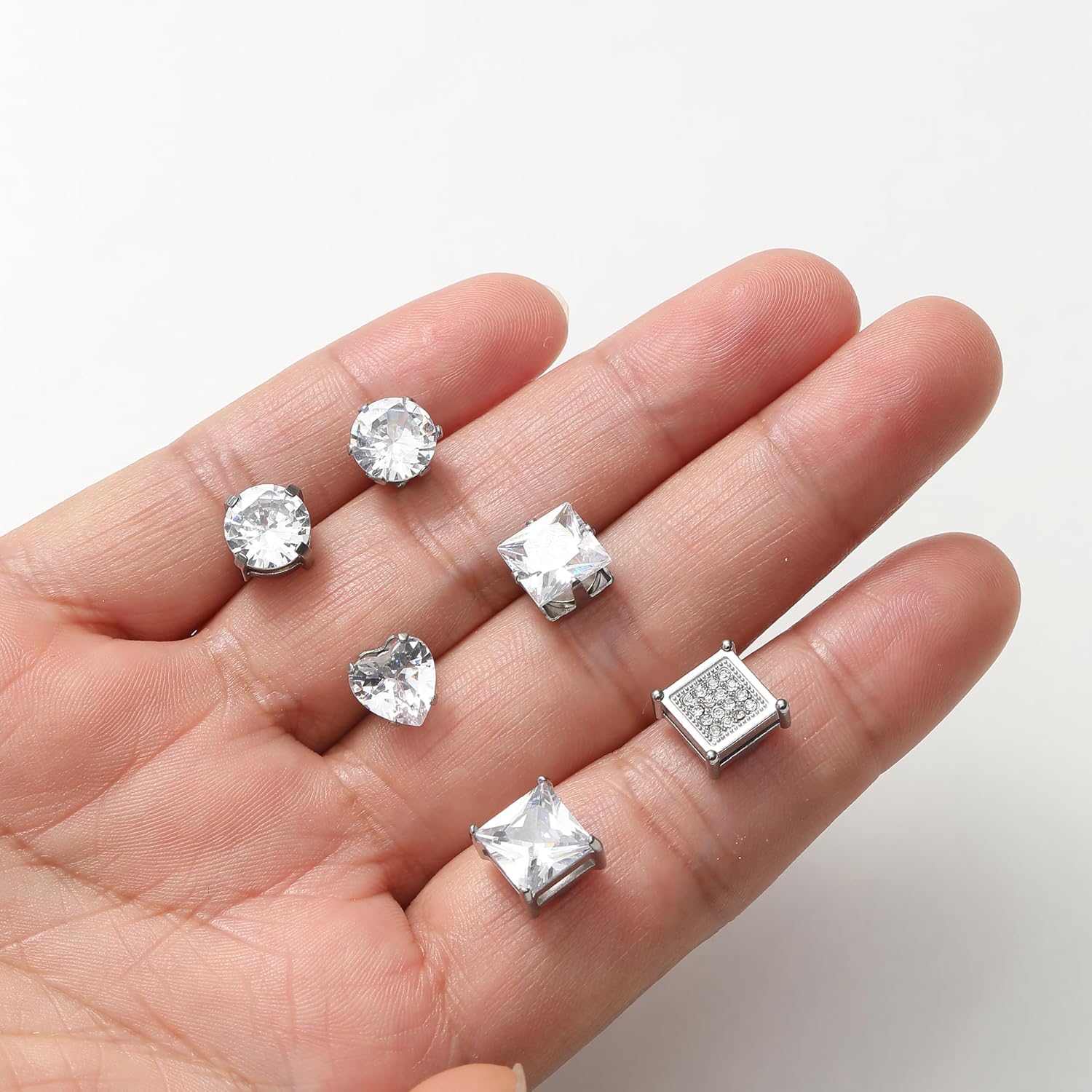 Magnetic Stud Earrings Stainless Steel Non-piercing CZ Heart Round Square Triangle Halo Earrings for Men Women Fake Clip on Stud Earring Jewelry Set for Sensitive Ears Silver Tone 6MM 8MM