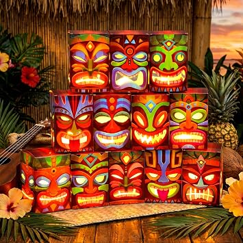 Baquler 24 Pcs Hawaiian Tiki Totem Boxes with Light Luau Party, 5.9 Inches