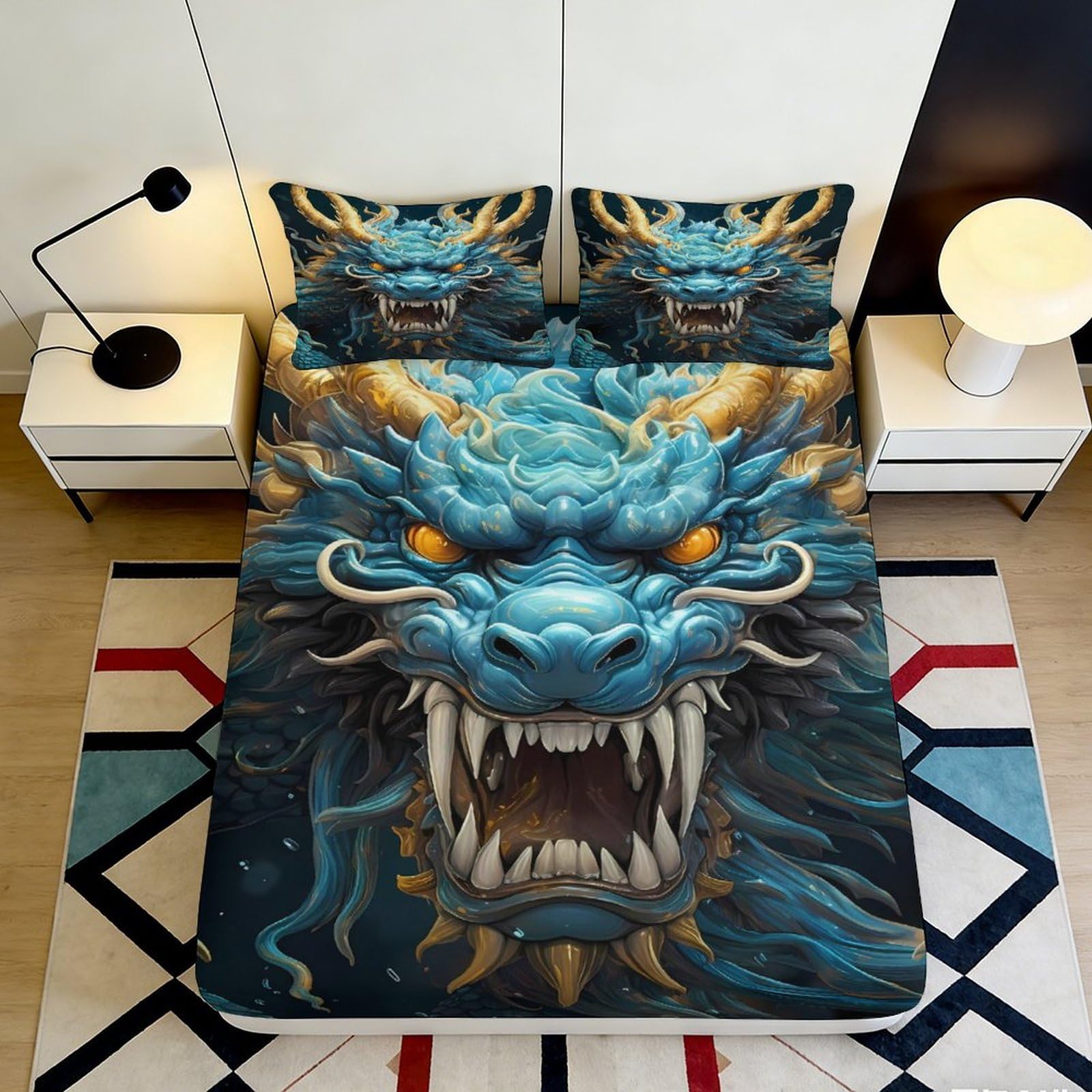 3D Printed Blue Dragon Fitted Sheet Microfiber Soft Anti-Slip Fire Motif Mattress Cover for Bedroom Dorm Mattress Protection Décor 90x200x25cm