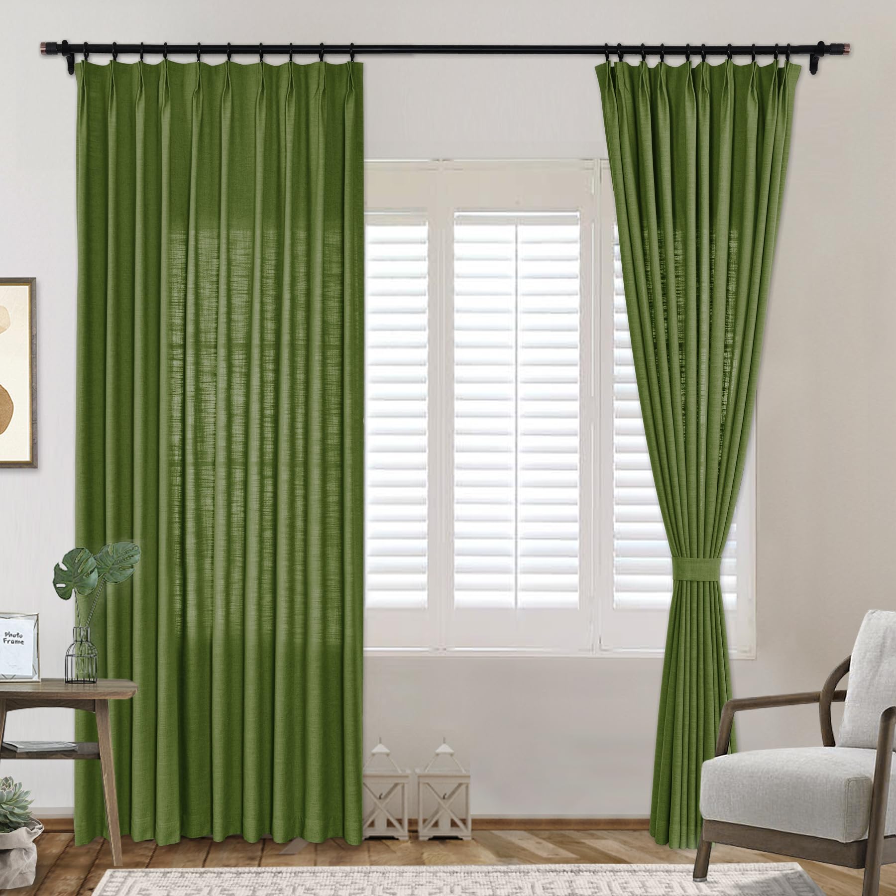 Frelement 72" W x 84" L Indoor Linen Curtains Room Darkening Drapes Pinch Pleat Curtains for Traverse Rod for Bedroom, Living Room, Green, 1 Panel