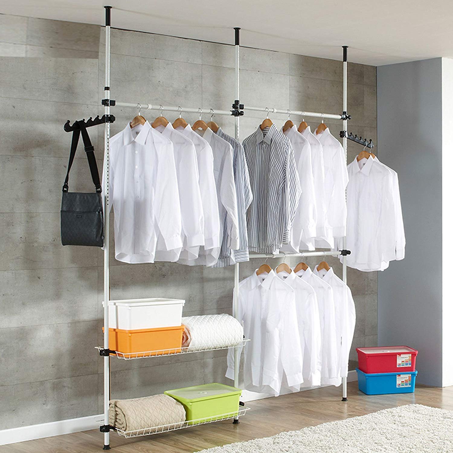 Top Max Adjustable Telescope Coat Garment Hanging Rail Rack Moveable Ceiling To Wall Clothes Storage Stand Holder Hanger Closet Wardrobe Organiser With 3 Baskets Amazon Co Uk Kitchen Home