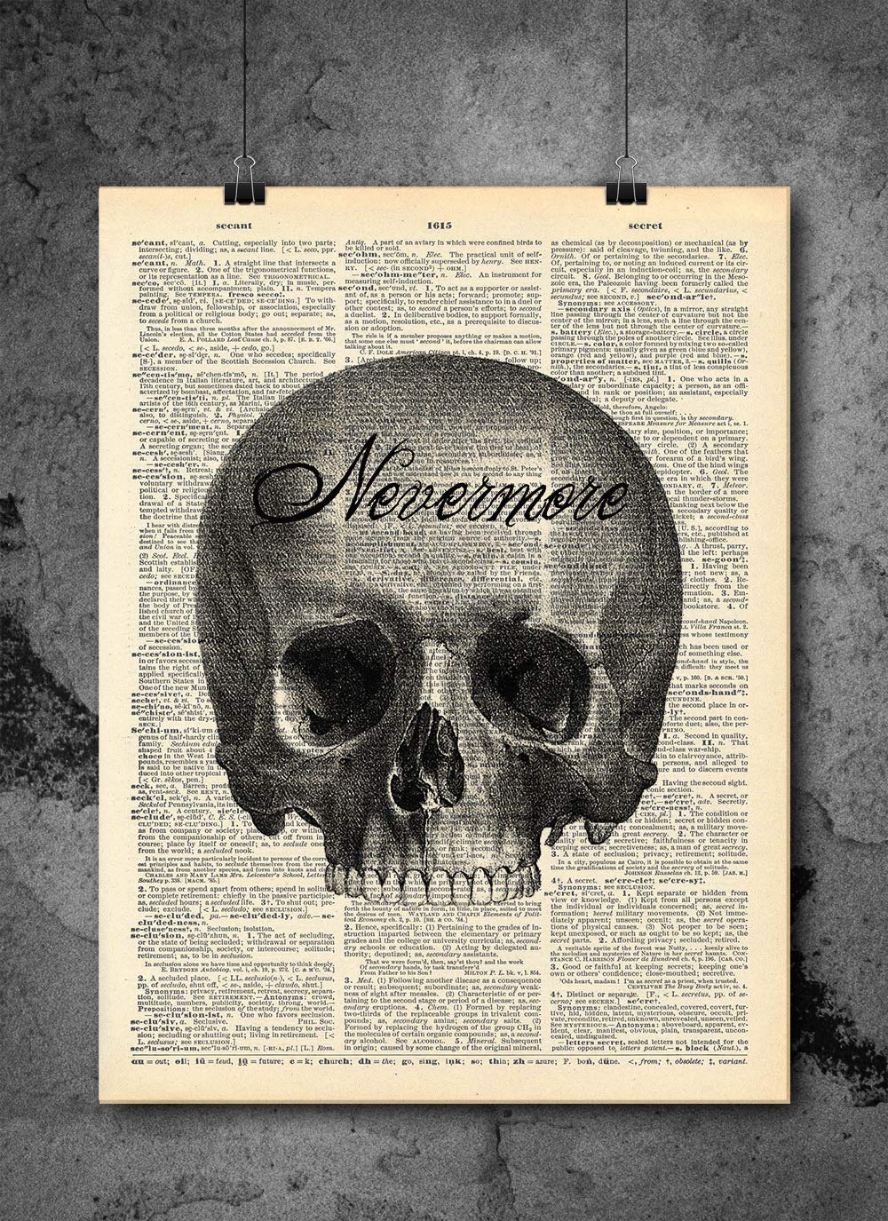 Local Vintage PrintsEdgar Allan Poe - Skull Nevermore Famous Quote Art - Authentic Upcycled Dictionary Art Print - Home or Office Decor (D45)