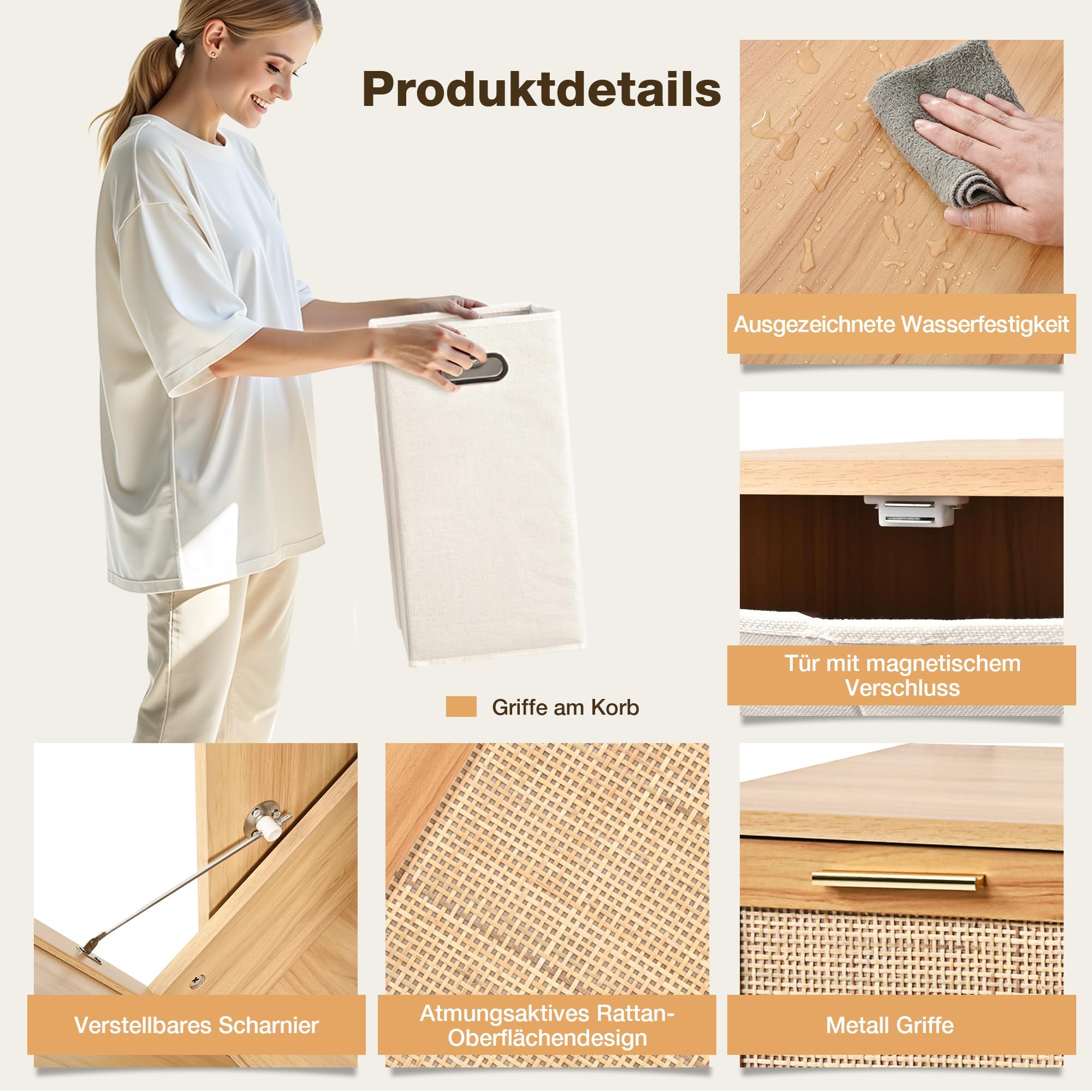 Pamapic Meuble de Salle de Bain, Armoire à Linge avec 2 Paniers à Linge, Meuble Bas de Salle de Bain avec Design en Rotin Véritable, Sac Intérieur Amovible avec Poignées, 66 x 40 x 68 cm, Naturel