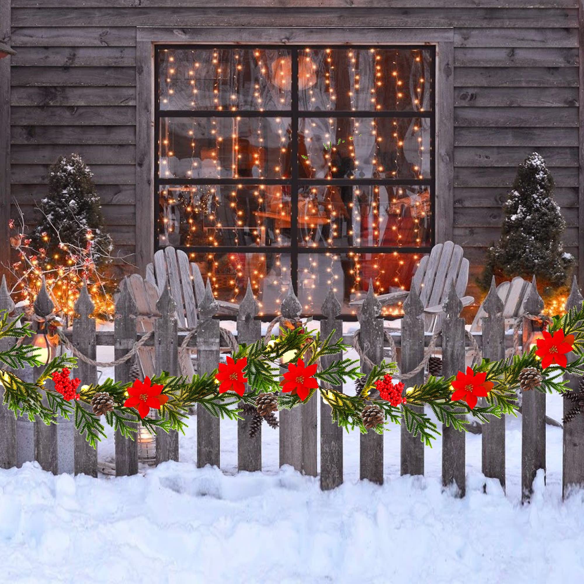Juegoal YO-TTSZ-2 Weihnachtsgirlande, 2,7 m, beleuchtete künstliche Weihnachtsgirlanden, beleuchteter Weihnachtsstern, Fichten-Timer, batteriebetrieben, mit Lichtern, Garten, Zuhause, Winter, Neujahr,
