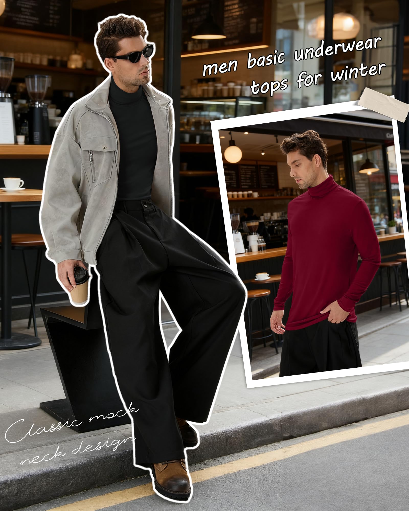 Neer Confezione da 5 magliette da uomo a maniche lunghe grandi e alte a collo alto, maglia termica casual basic leggera