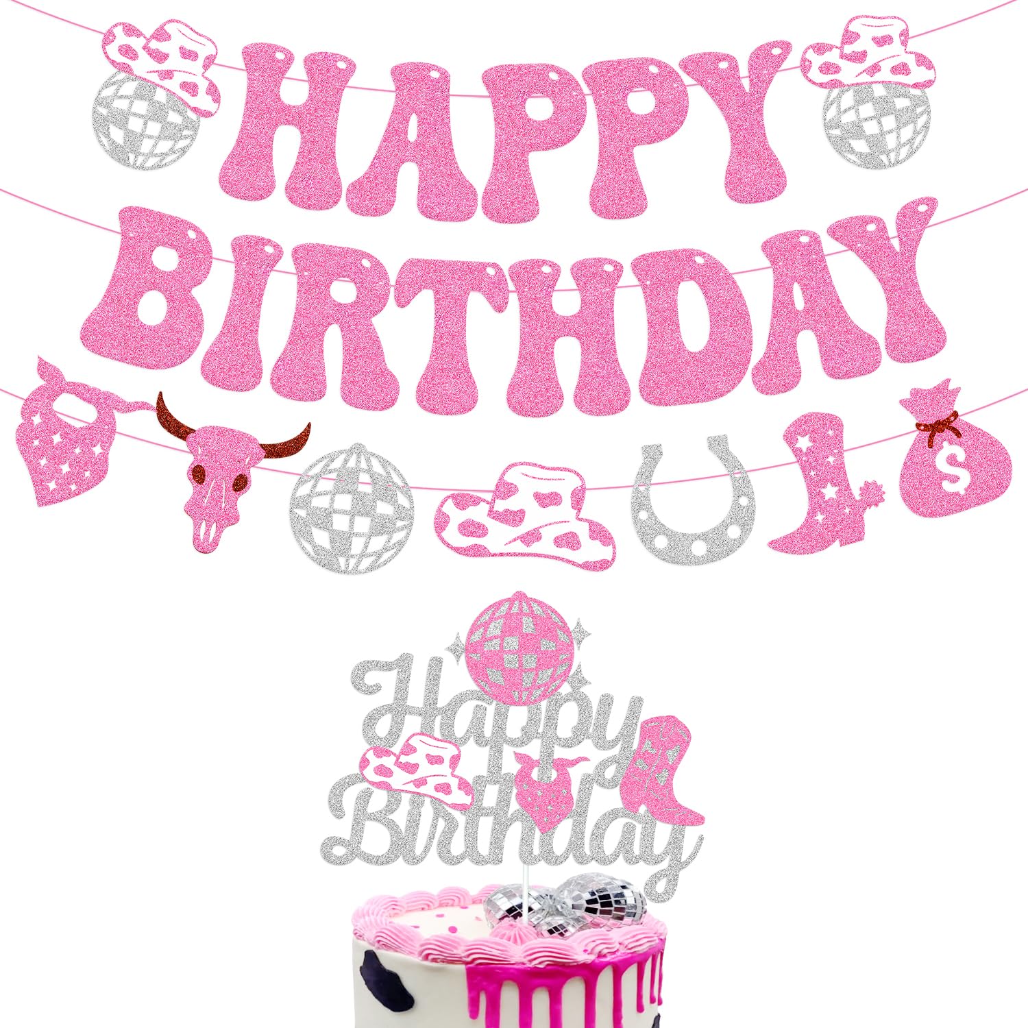 Cowgirl Birthday Banner Western Cowgirl Cake Topper Disco-Cowgirl Rodeo Theme Happy Birthday Decoration Set for Girl Women Mexican-Cowgirl Bday Party