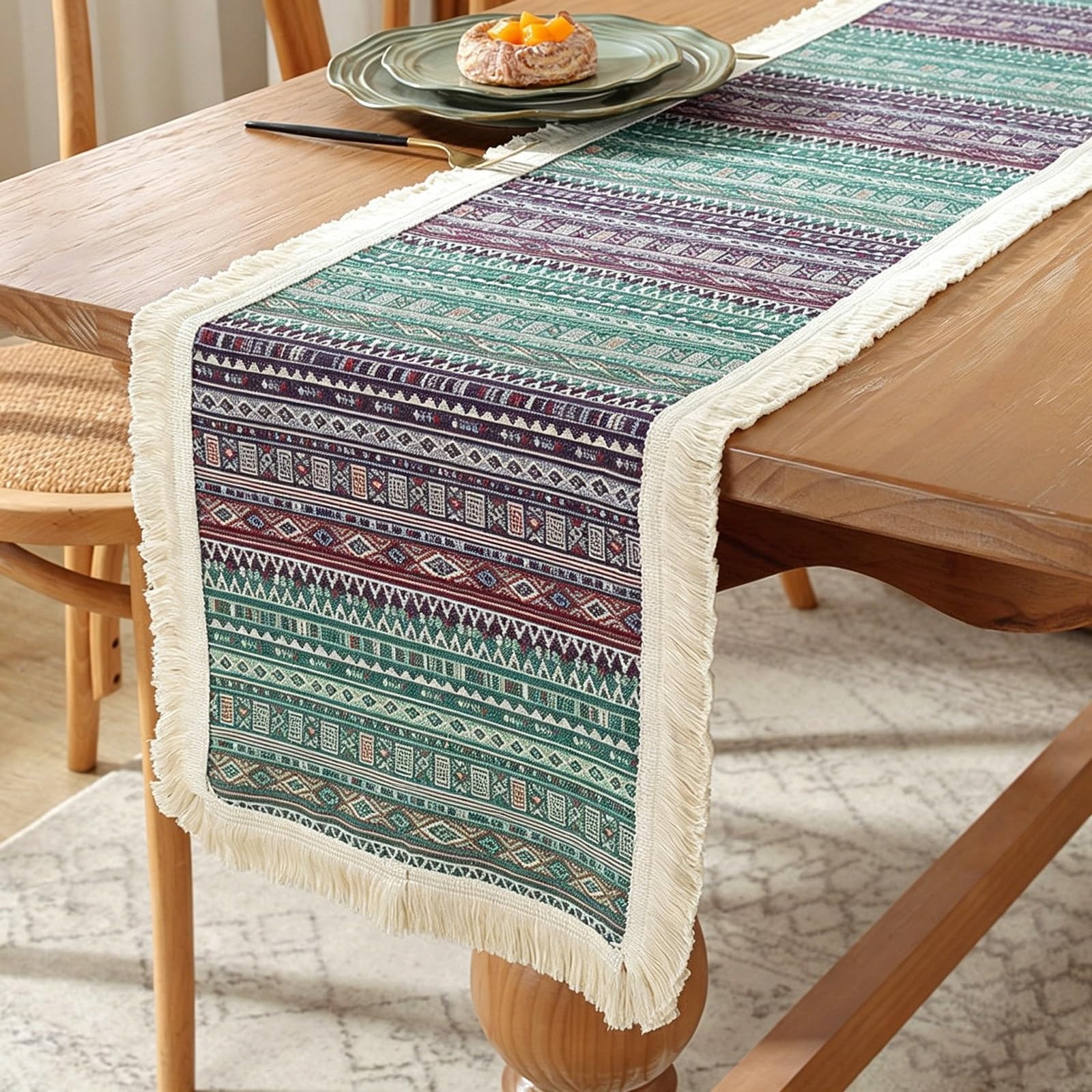 Hand-Woven Tassel Table Runner, Thickened Cotton-Linen Blend Table Runner, Yarn-Dyed Jacquard, Suitable for Weddings, Birthdays,and Seasonal Home Decor(Purple,30x180cm/11.8x70.8in)