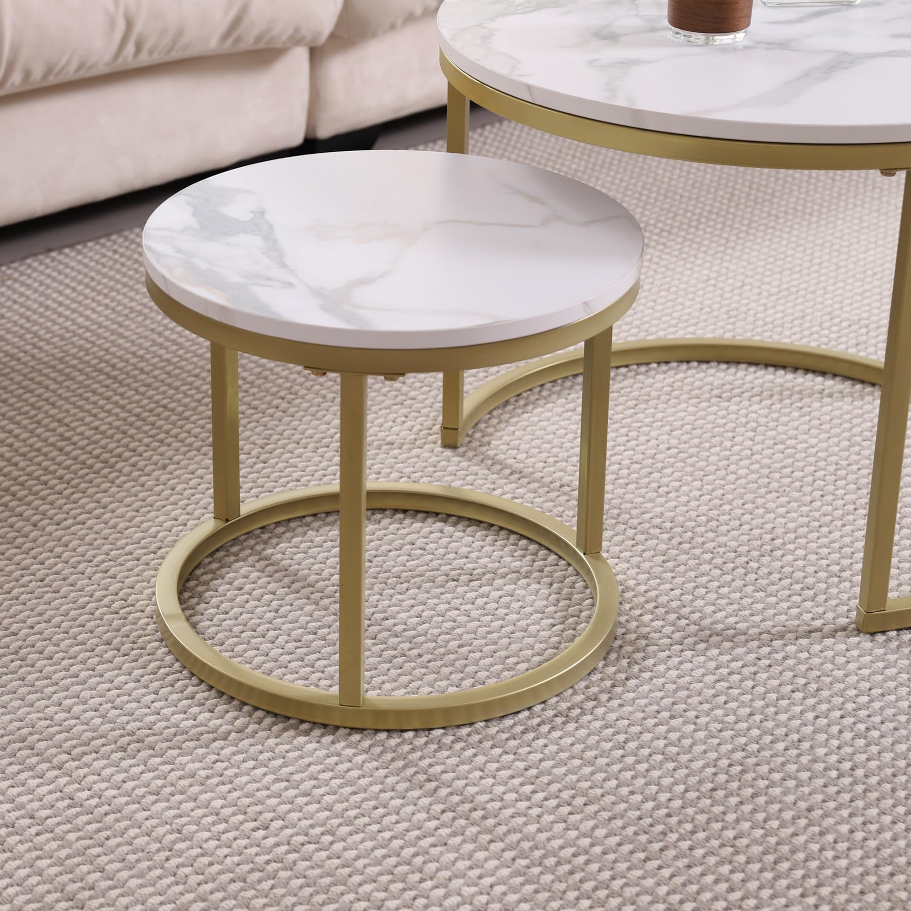 GrandCA HOME Tables Gigognes Ronde Lot de 2, avec Cadre en Métal Doré, Dessus Blanc Imitation Marbre, pour Salon, Chambre, Bureau, Appartement (Or) - 60x60/40x40cm