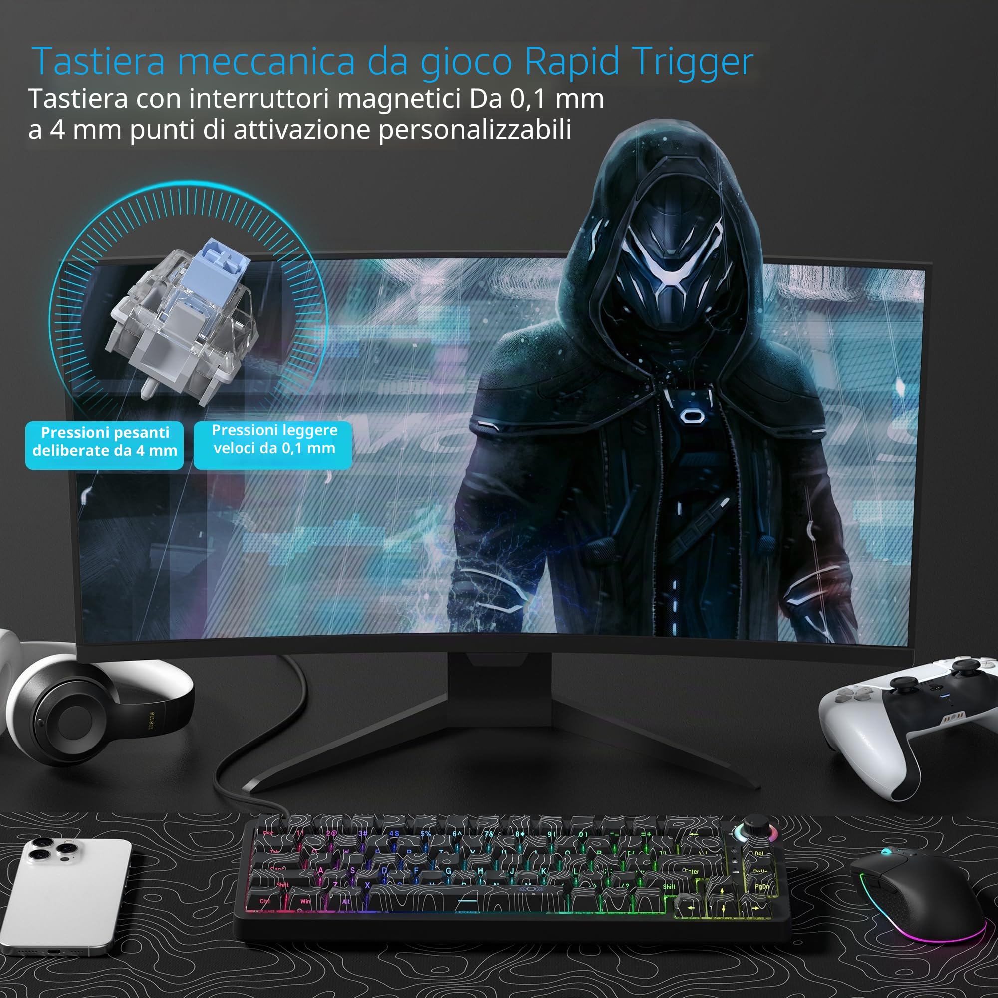 Womier Tastiera M68 HE V2 60% con trigger rapido, tastiera topografica da gioco effetto Hall, tastiera meccanica RGB personalizzata cablata con interruttore magnetico, copritasti in PBT per Mac/Win