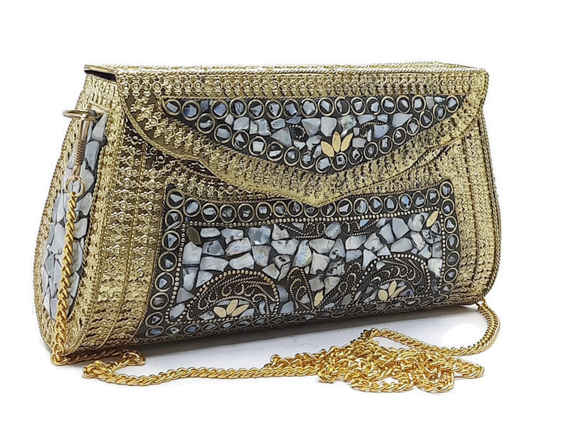 Trend Overseas Womens Golden shell nacre stone bag ethnic clutch antique purse mosaic bag metal bag party clutch (B09N7QXTJP) Amazon Price History, Amazon Price Tracker