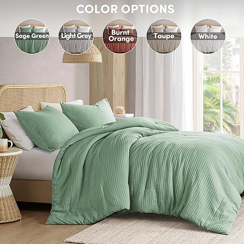 Miniatura 6 de Comfort Spaces Juego de funda de edredón verde salvia, tamaño Queen, 3 piezas, transpirable, tejido de gofre, textura de gofre, funda de edredón y