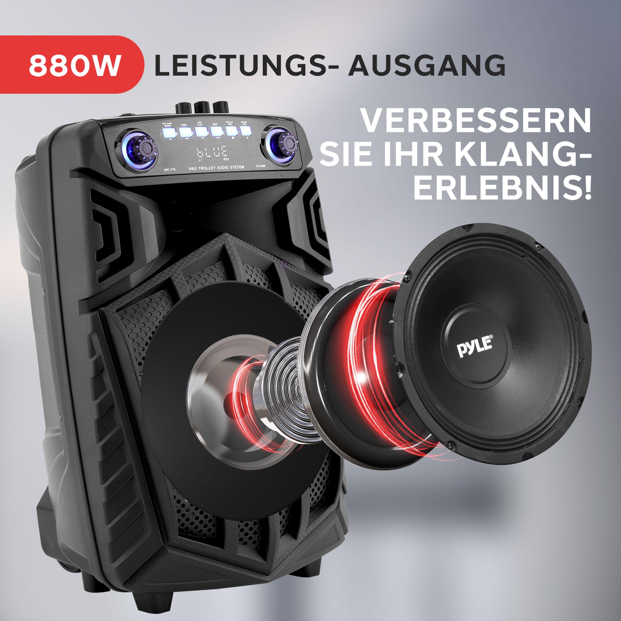 Pyle Tragbarer Bluetooth-Lautsprecher 880 W mit kabellosem Mikrofon und Rädern TWS Partylichter