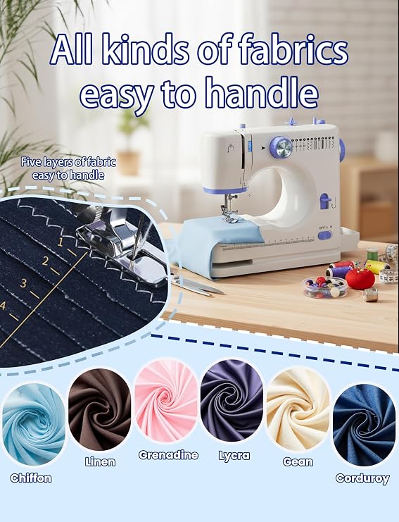 Portable Sewing Machine Ideal for Beginners, Adults, and Kids - 12 Built - in Stitches, Basic Sewing Kit Included, 2 - Speed Foot Pedal, Perfect for Home Use - Blue And White-HKS3