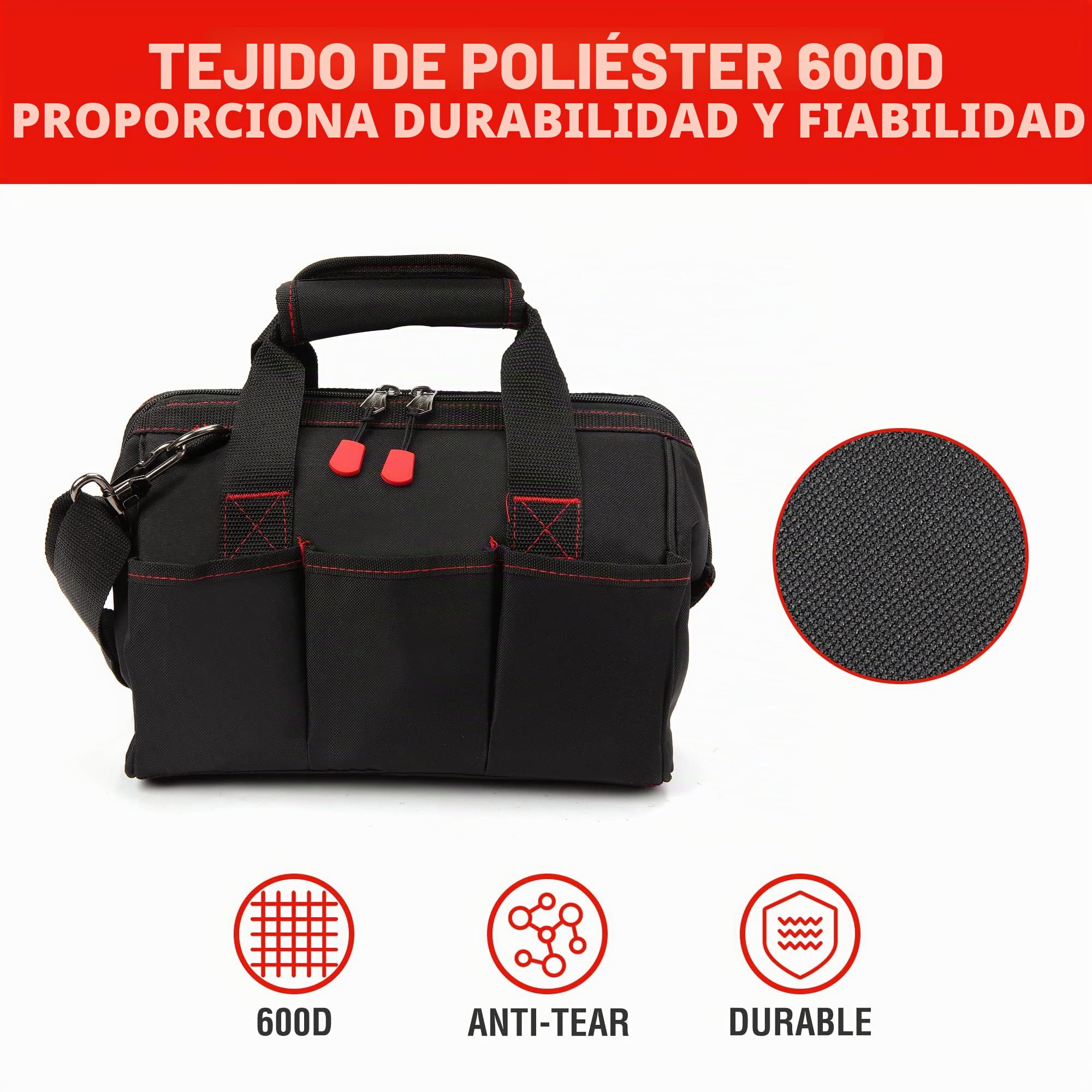 WORKPRO Bolsa de Herramientas 30 x 18 x 20 cm, Bolsa de Transportse Universal, 7 Bolsillos Exteriores, Amplia Apertura de Cremallera, Correa de Hombro Ajustable, para Almacenamiento de Herramientas