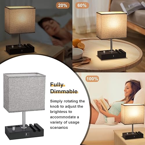 Miniatura 2 de Kakanuo Lámpara de mesita de noche para dormitorio con puertos USB C pequeña lámpara de mesita de noche USB regulable con 2 puertos de carga USB y