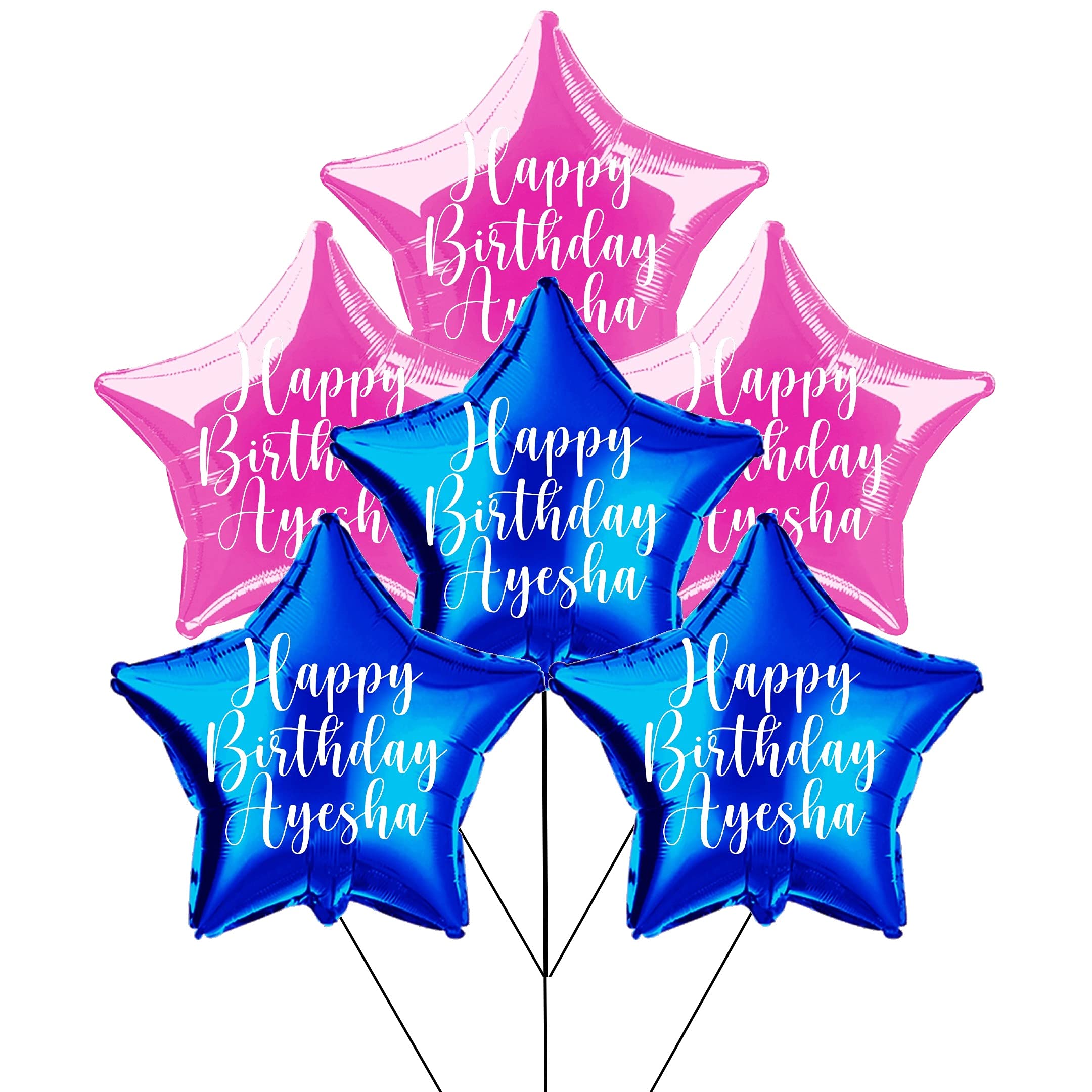 Customized/Personalized Name Printed Foil Balloon Set for Birthday, Anniversary Celebration, Bachelorette, Wedding, Bridal Shower And Baby Shower Decoration (Blue + Hot Pink, Star Shaped, Pack of 6)