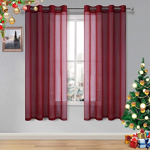 DWCN Sheer Curtains, Faux Linen Grommet Window Curtain Voile Sheer Drapes for Living Room Bedroom Thanksgiving Day & Christmas Decor Set of 2 Panels 52 x 63 Inch Long, Burgundy Red
