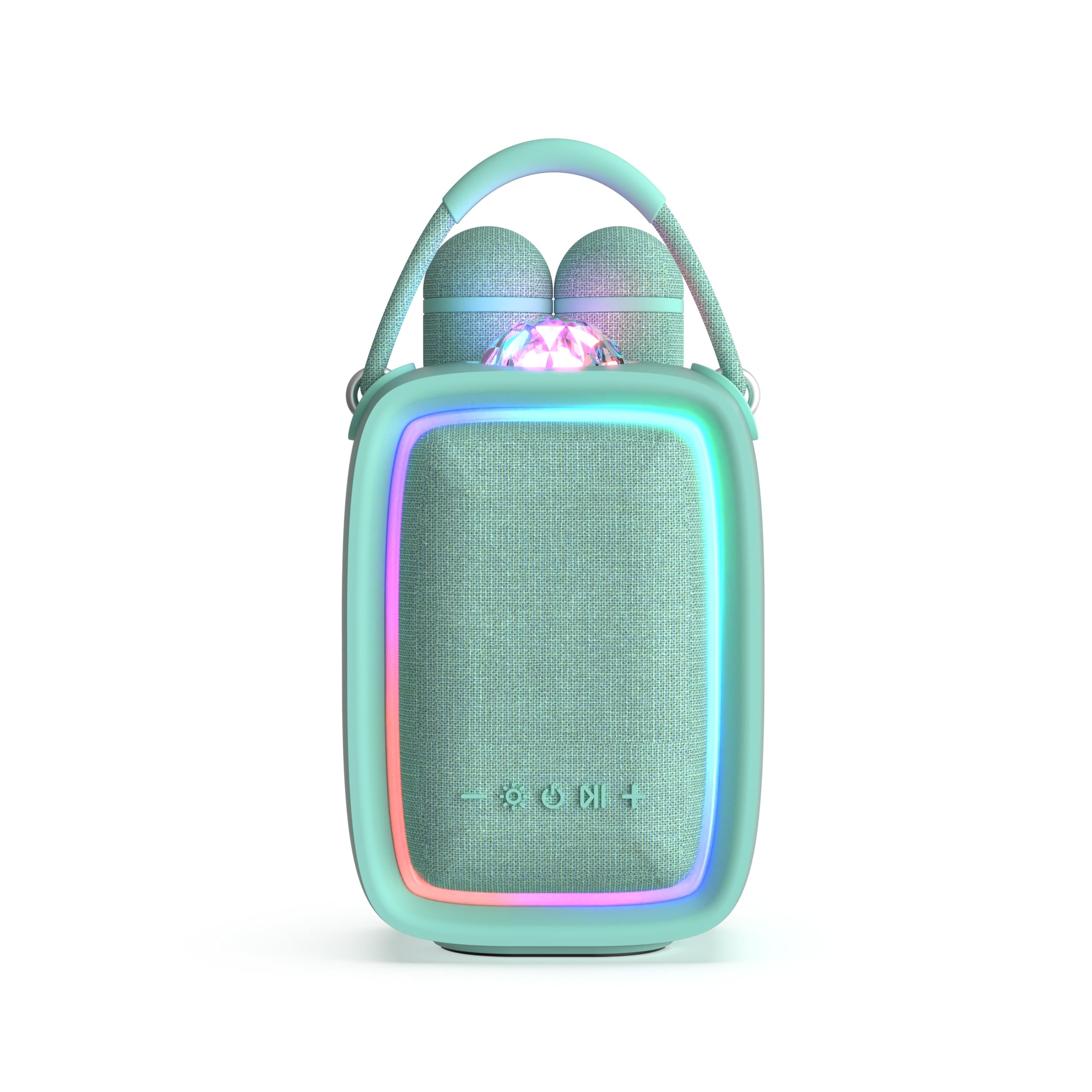 Mob - Singy Party Enceinte Karaoké Portable pour Enfant et Adulte - Projecteur Disco, 2 Micros sans Fil pour Chanter en Duo, Rechargeable USB-C, Carte SD - Idée Cadeau (Menthe)