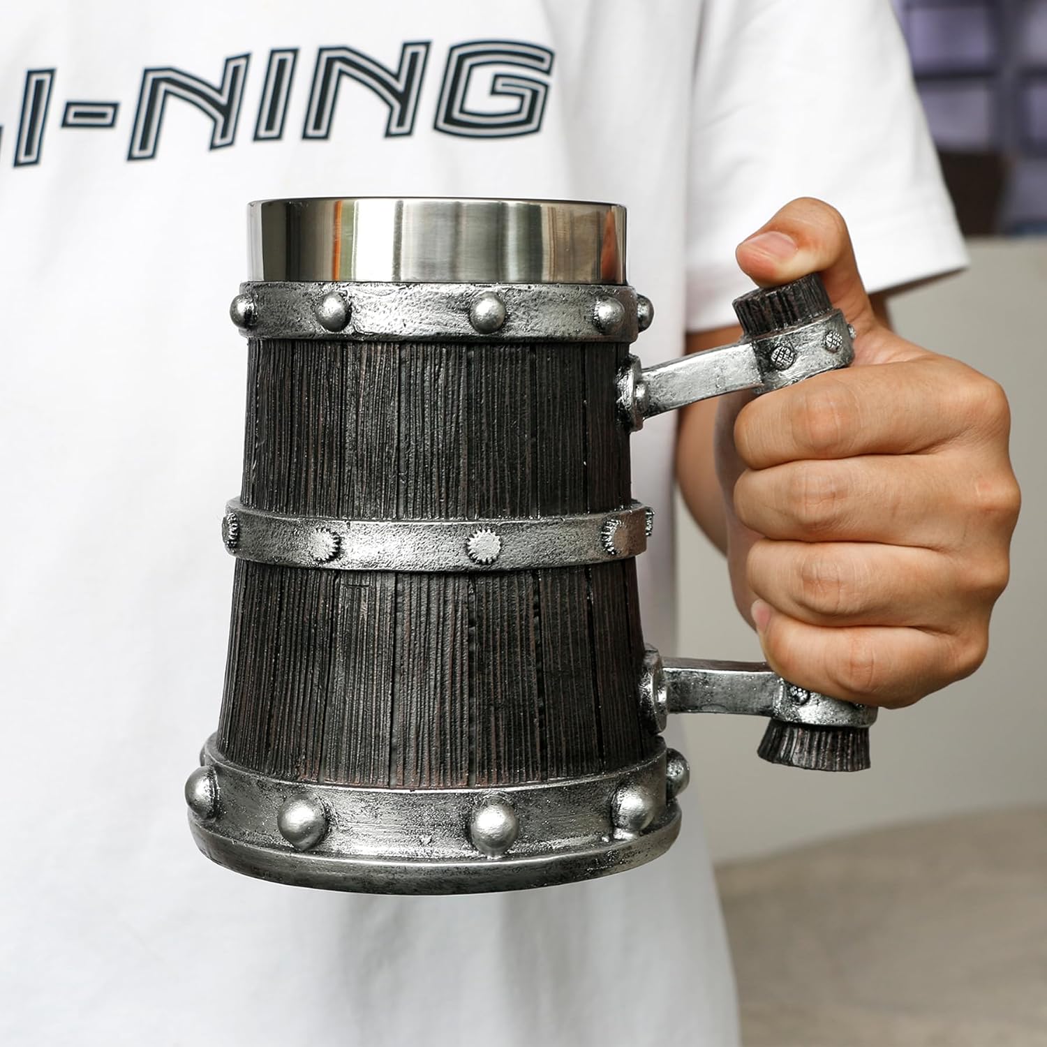 Medieval Viking Wood Beer-Tankard Mug - 21oz Norse Stainless Steel Cup Viking Gifts Coffee/Beer Mug for Men Nordic Decor - Image 6