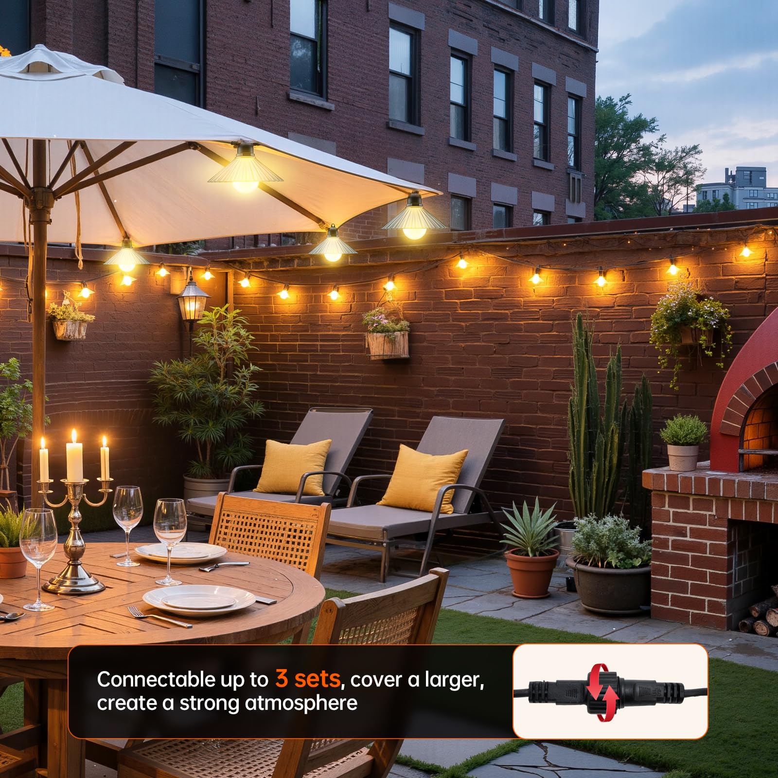 Cadena de luces LED para exteriores de 16.4 pies, impermeable, con pantalla transparente, bombillas S14 inastillables conectables, para colgar al aire libre, jardín, terraza, patio trasero