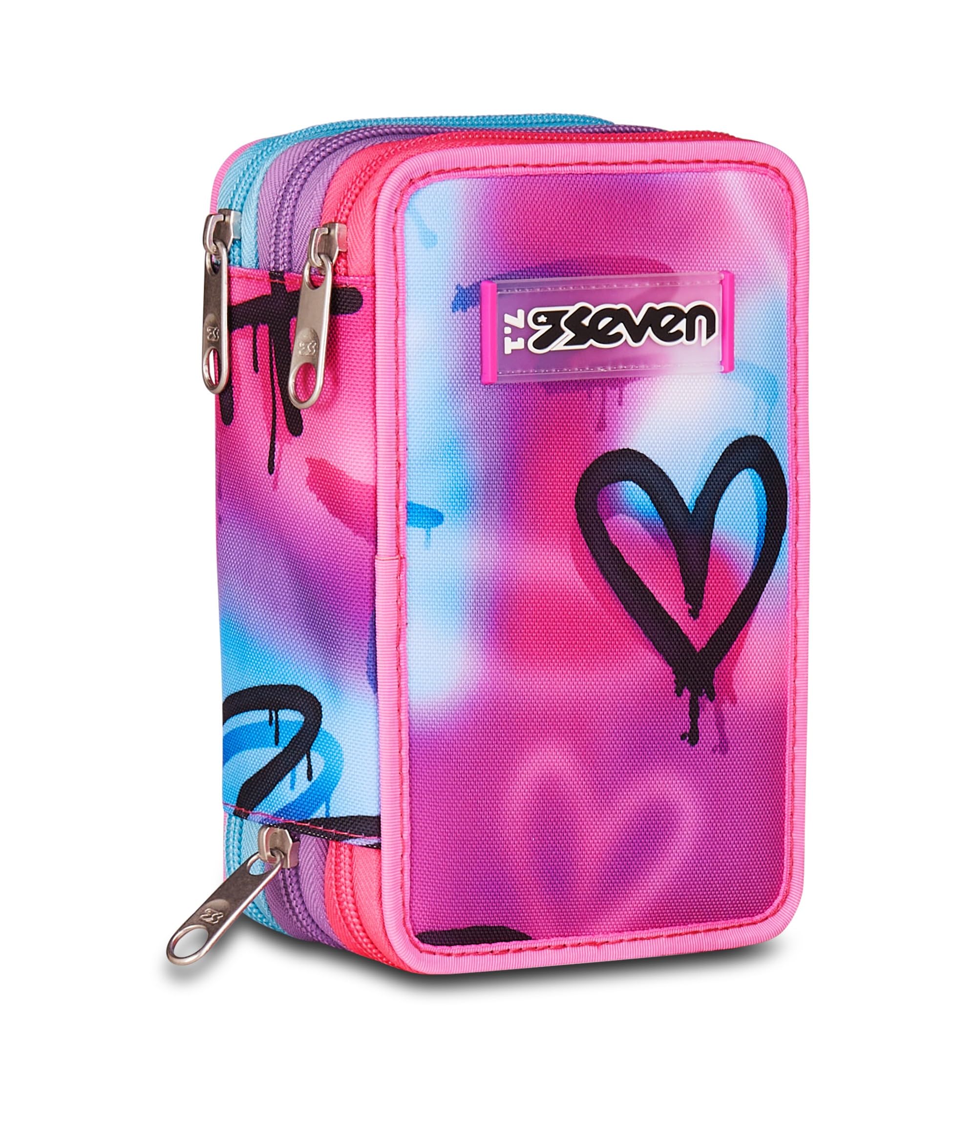 Seven Astuccio Scuola 3 Zip SPRINT PAINT GIRL, Fucsia Azzurro, Portapenne Triplo Scomparto Completo Di Penne, Matite, Colori, Accessori Zaino, Scuola Elementare, Bambina