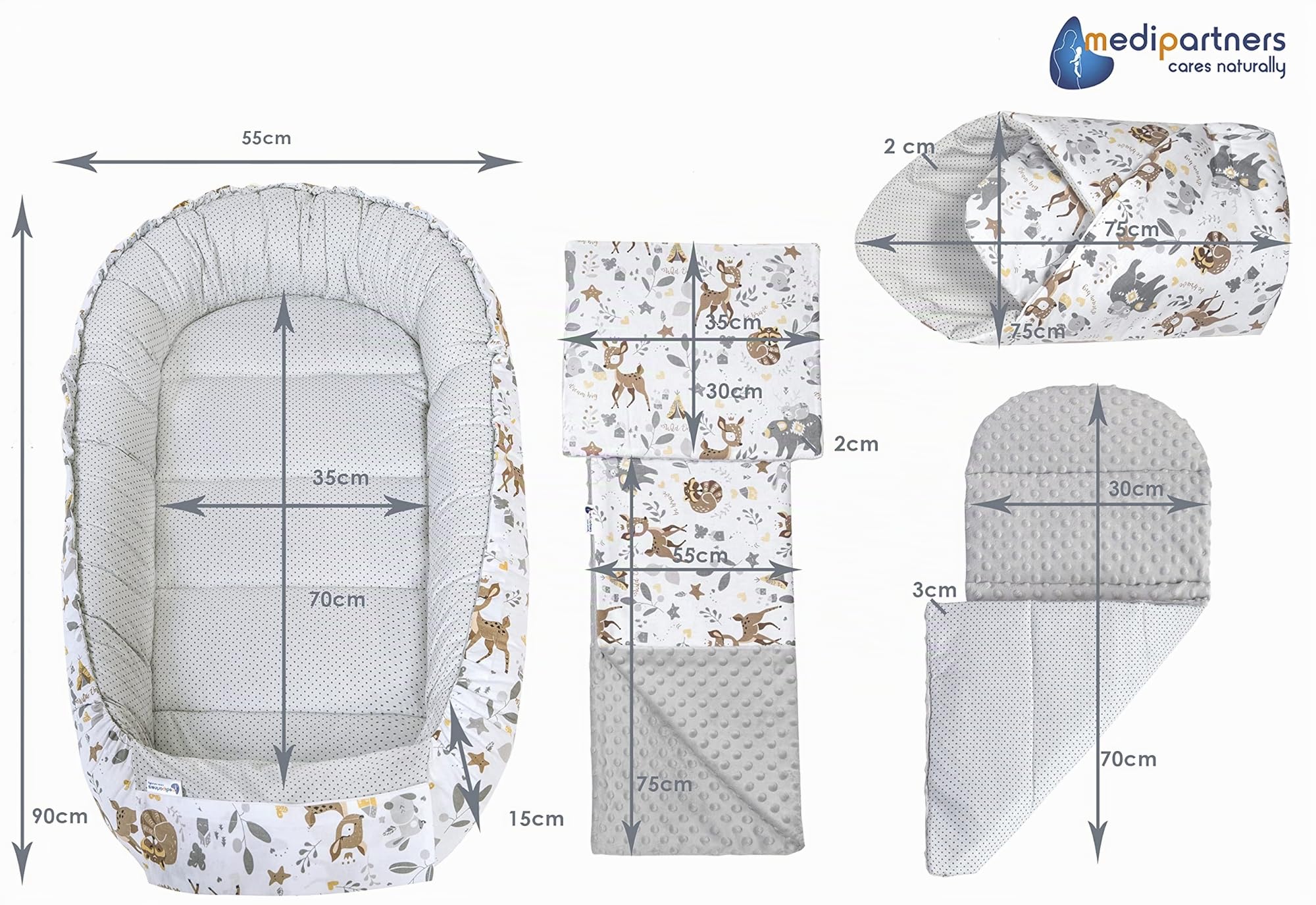 Medi Partners Reducteur de Lit Bebe - Réducteur Bébé 100x60x15cm 5 éléments Cocon et Naissance Nid d'ange bilatéral Cale 100% Coton Minky (Cerf avec Minky Gris)