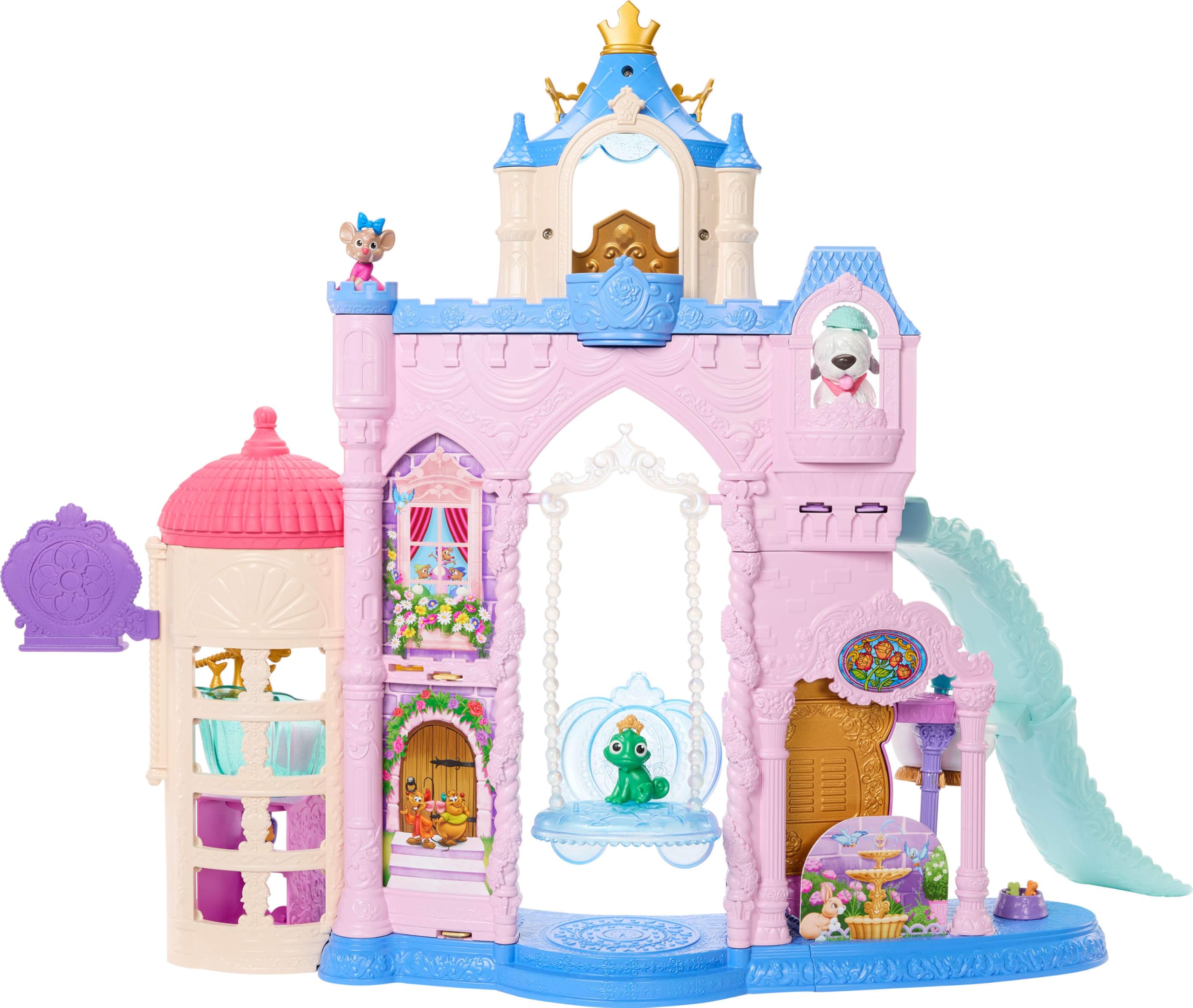 Mattel Disney Princess Zamek dla pupili, ponad 60 cm | 7 stref zabawy, 3 figurki zwierzątek, meble i 17 akcesoriów, domek dla pupili inspirowany filmami Disneya, JBF96