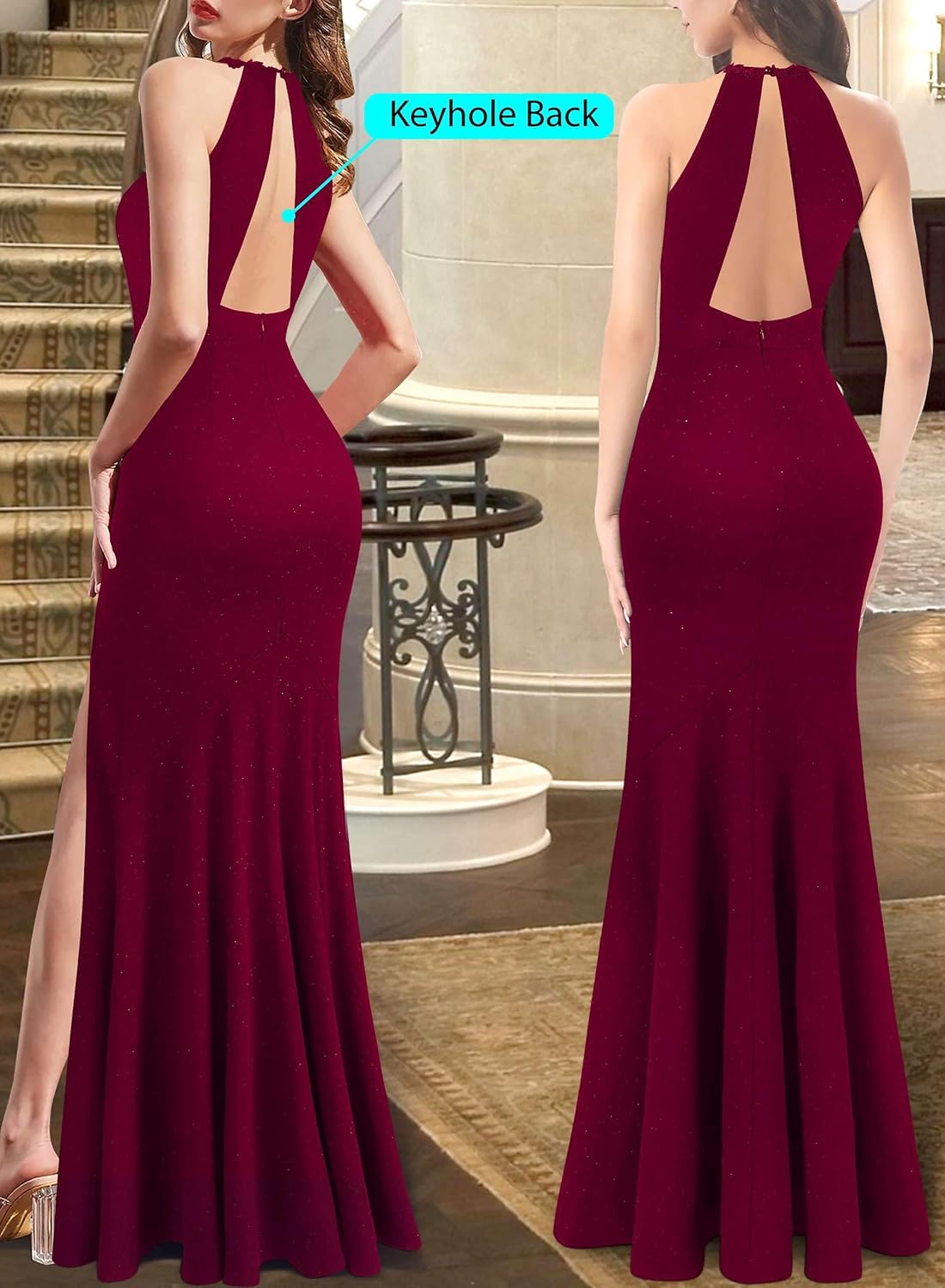 VFSHOW Womens Formal Illusion Halter Keyhole Back Prom High Slit Maxi Dress Wedding Guest Applique Twist Front Evening Gown - Image 2