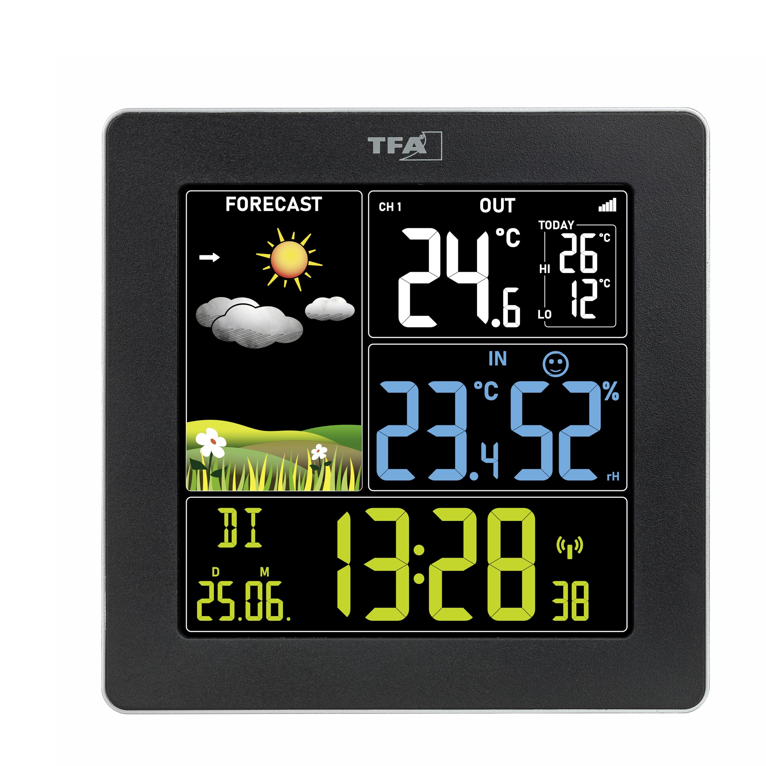 TFA Dostmann Stazione meteo con sensore esterno SUN2 digitale, 35.1174, per temperatura interna ed esterna, ampio display a colori, con clima interno, incluso orologio radiocontrollato con data