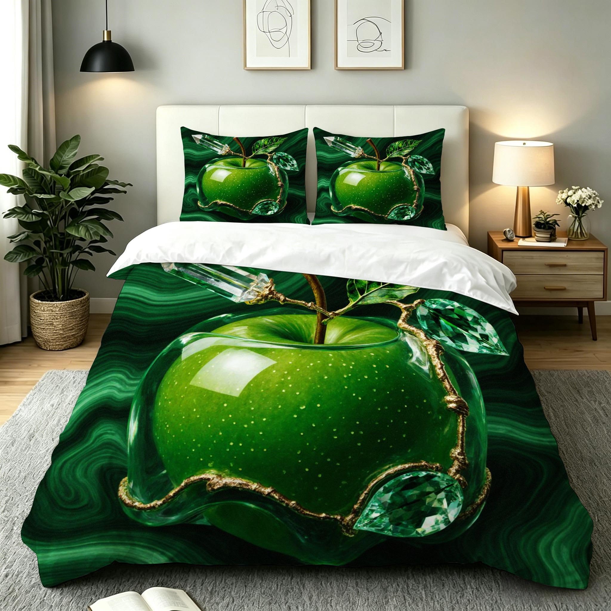 Housse de couette 140x200 fruit vert en microfibre avec 2 taies d'oreiller