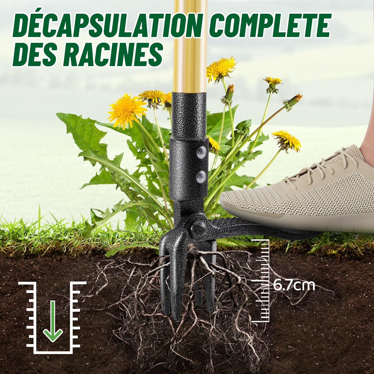 Désherbeur Manuel 1.1m Longueur, Arrache Pissenlit, Manche en Bambou Naturel et 4 Griffes en Métal, Désherbeur de Jardin Debout avec des Gants de Jardinage, Adapté Aux Animaux (Upgrade)