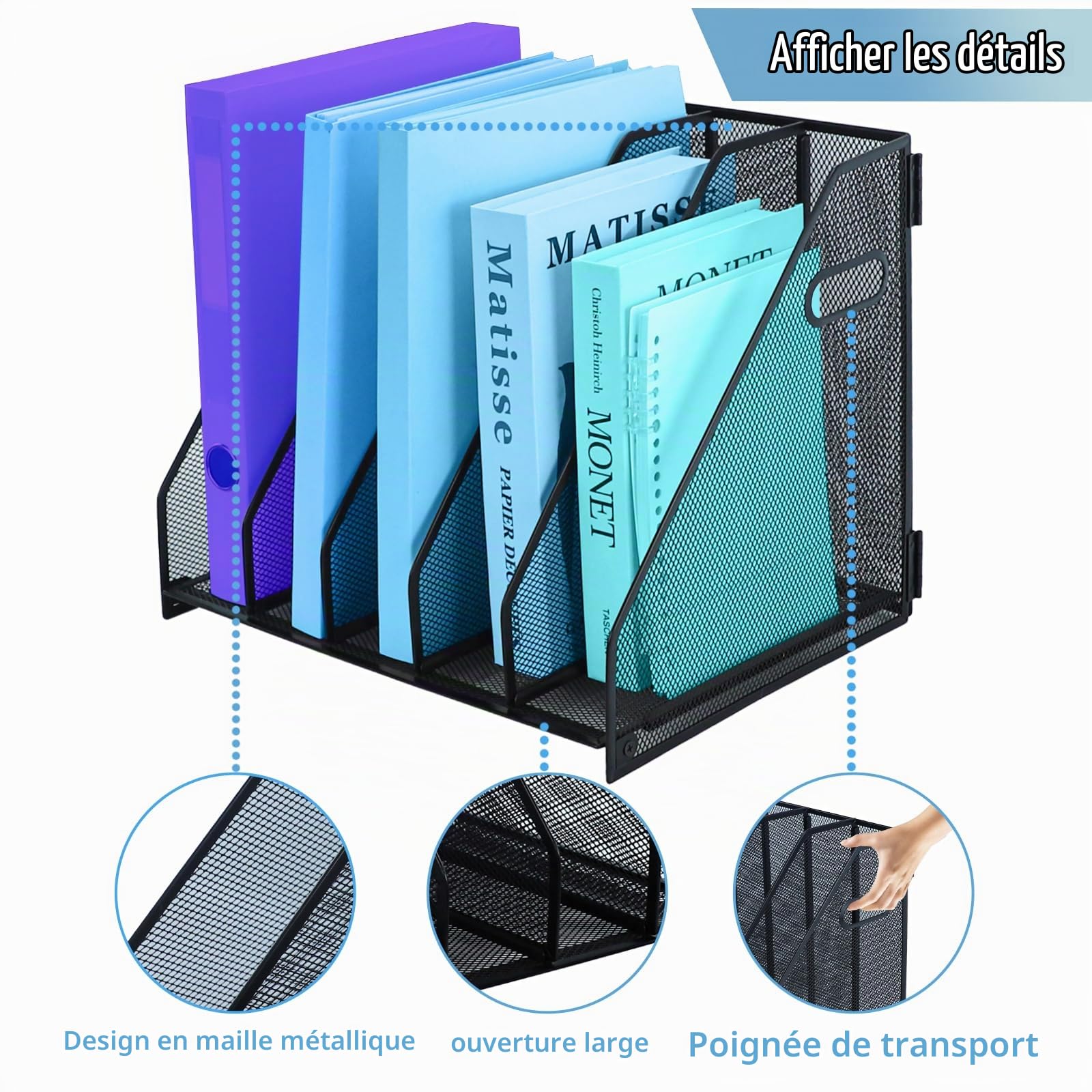 Organiseurs de bureau en métal avec 5 compartiments verticaux pour dossiers, classeurs, organiseurs de documents pour la maison, le bureau et la salle de classe,noir