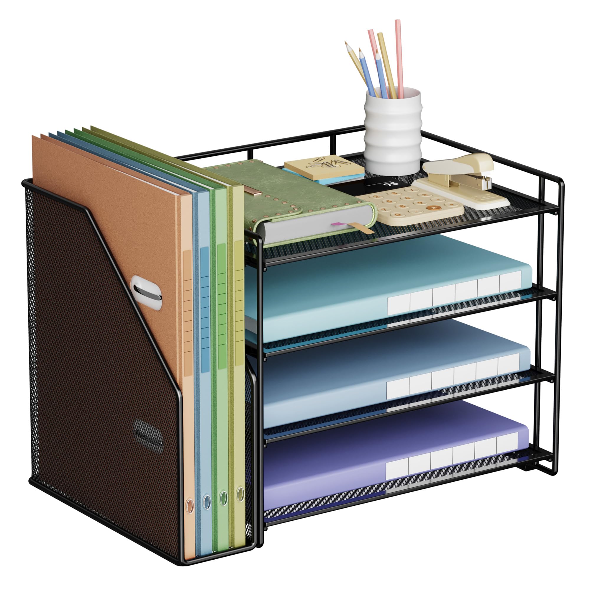 VITVITI Bac de rangement de bureau à 4 niveaux, porte-papier avec porte-dossier latéral, outil de rangement de bureau pour les magazines, la maison, l'école, les accessoires de papeterie - Noir